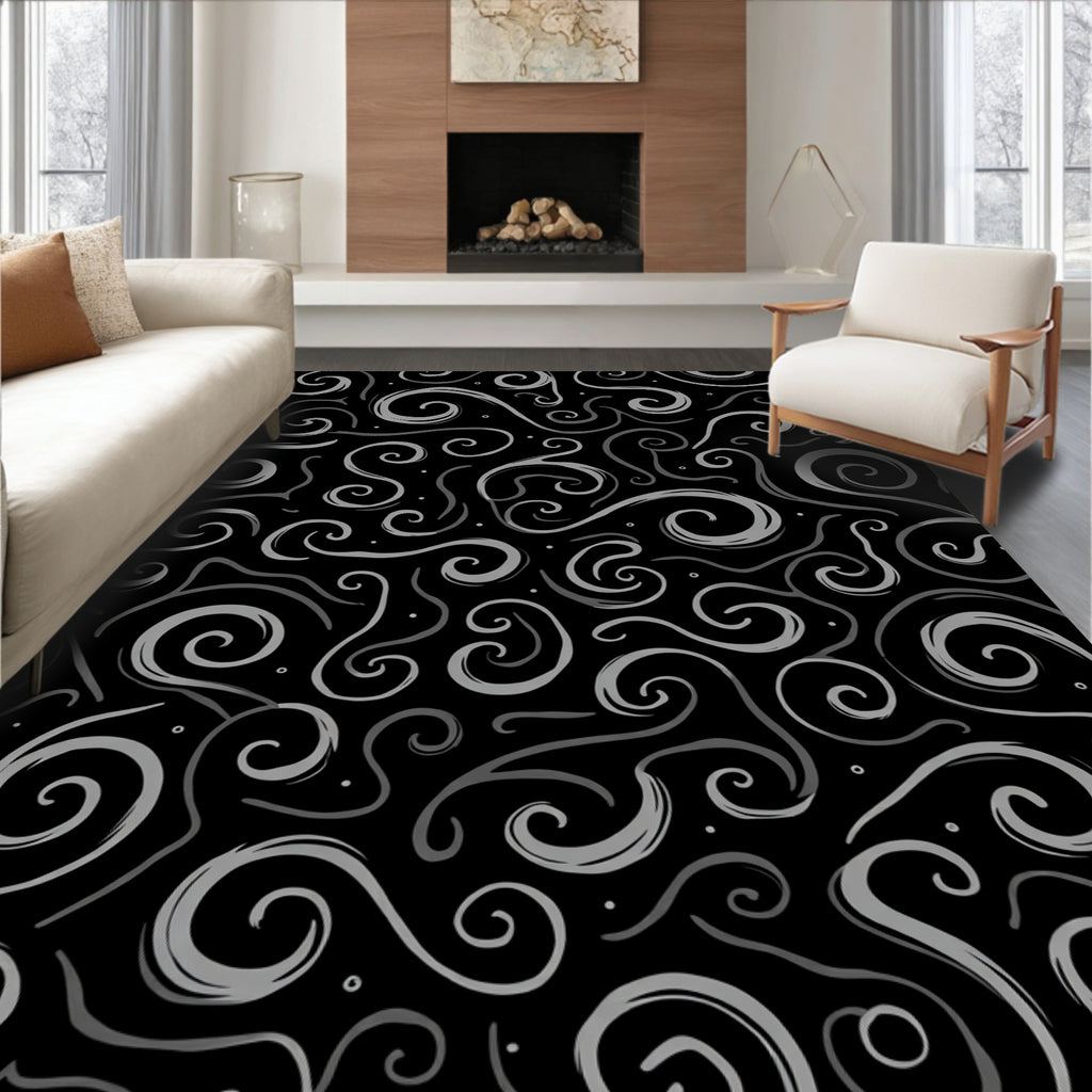 Elegant Swirl Pattern on Black Background Rug