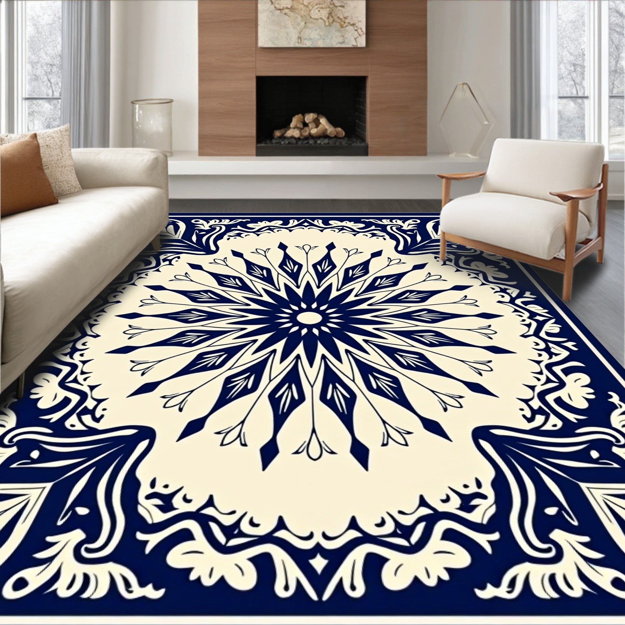 Intricate Navy Floral Medallion Design Rug