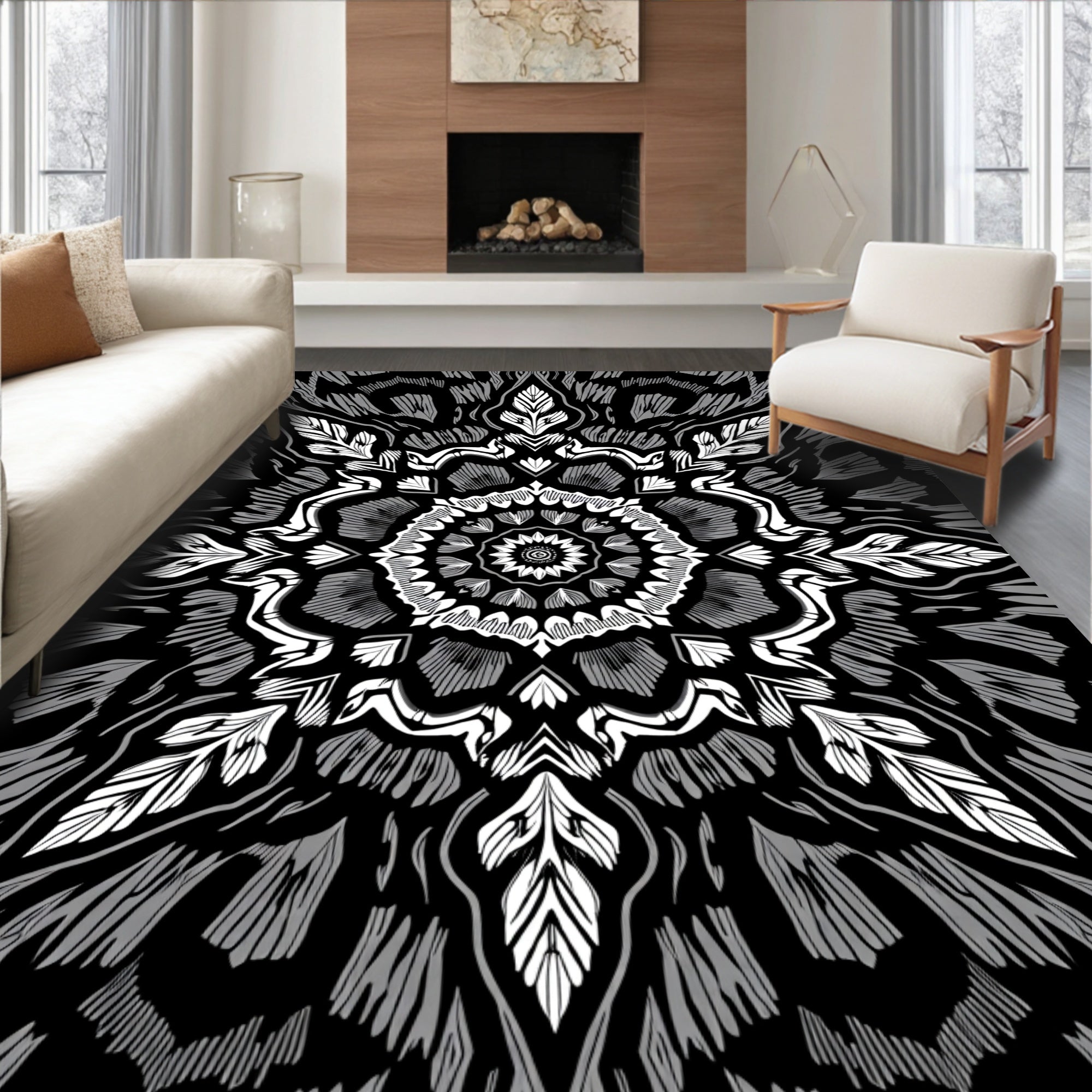 Monochromatic Radial Leaf Pattern Rug