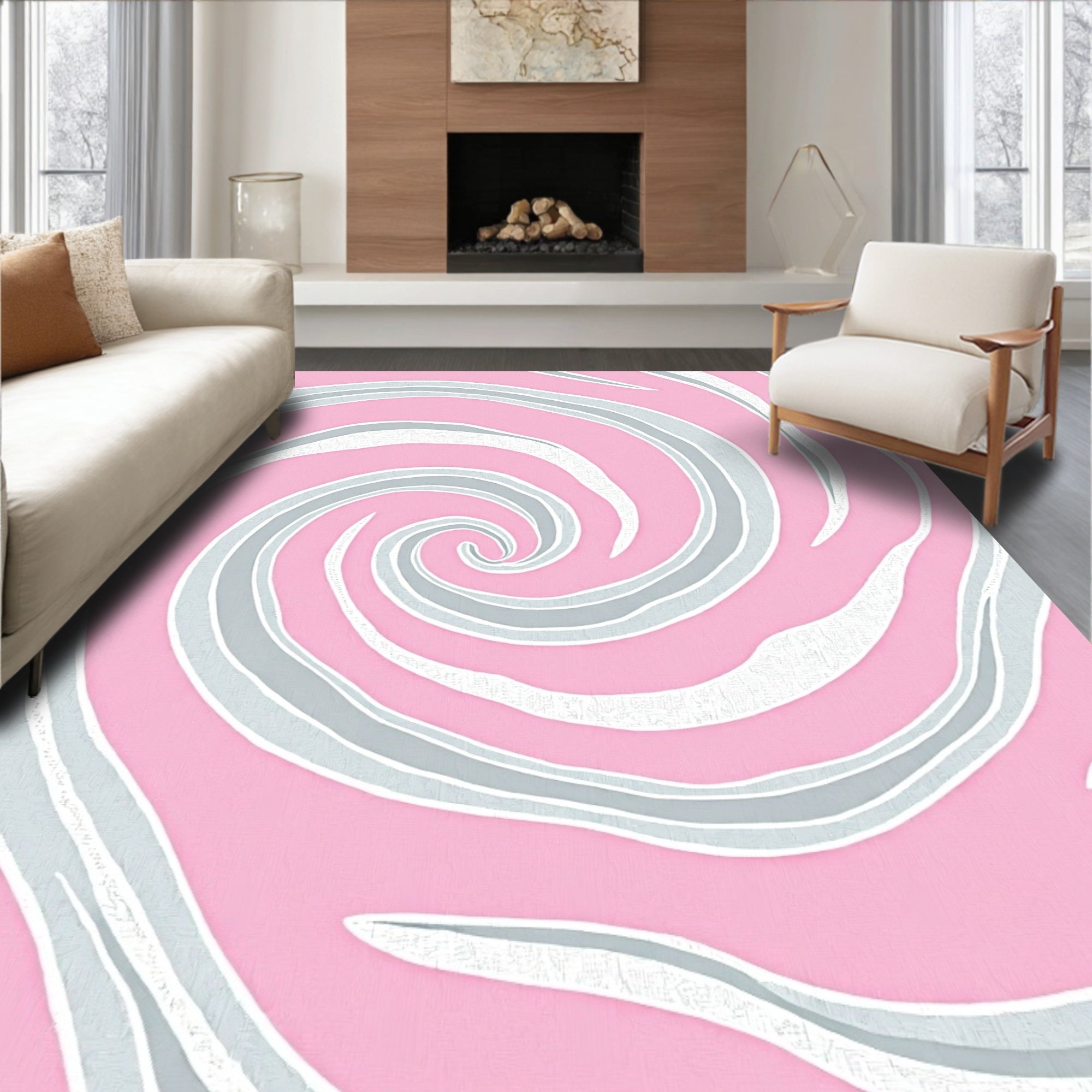 Pink White Swirl Pattern Rug