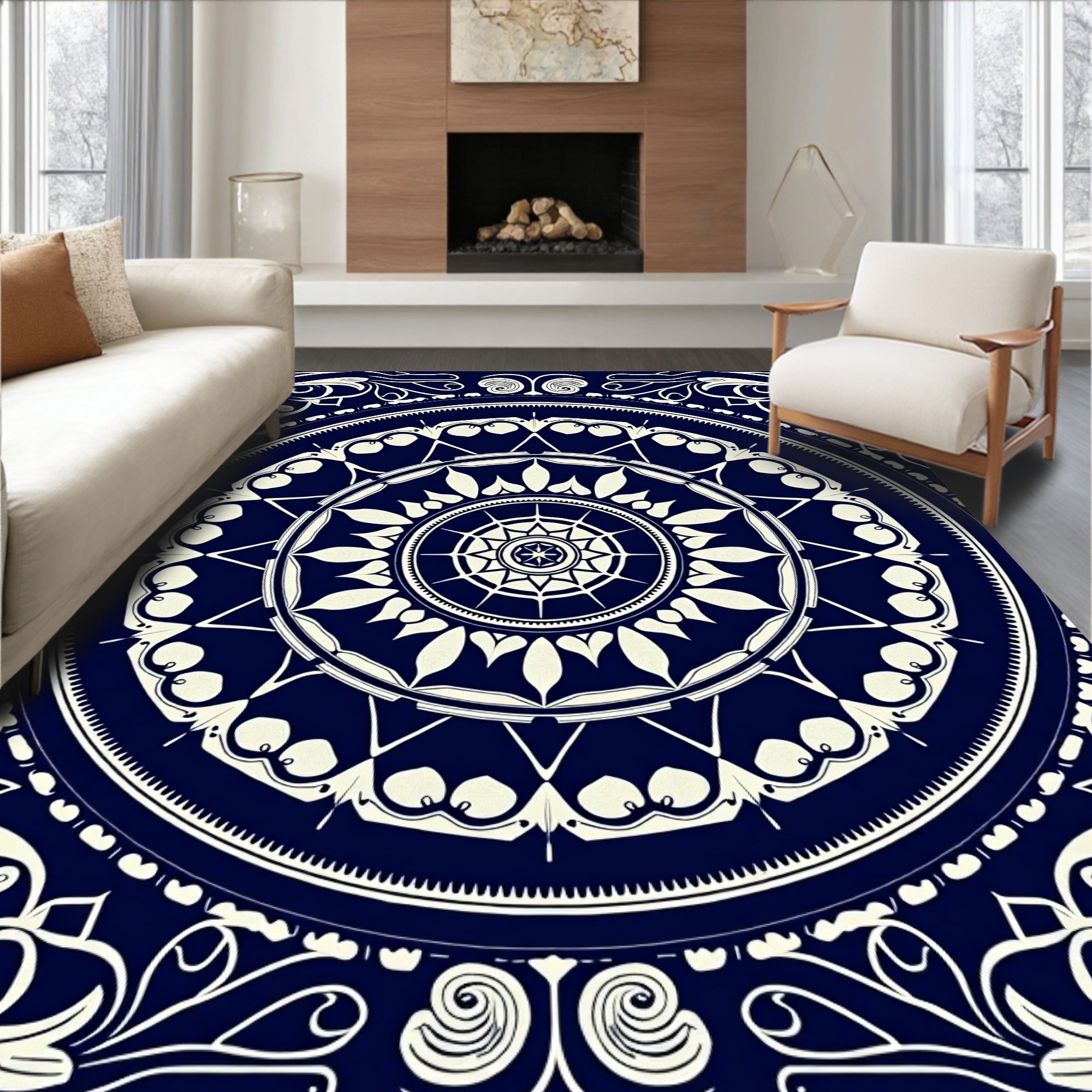 Navy Ivory Ornate Mandala Pattern Rug