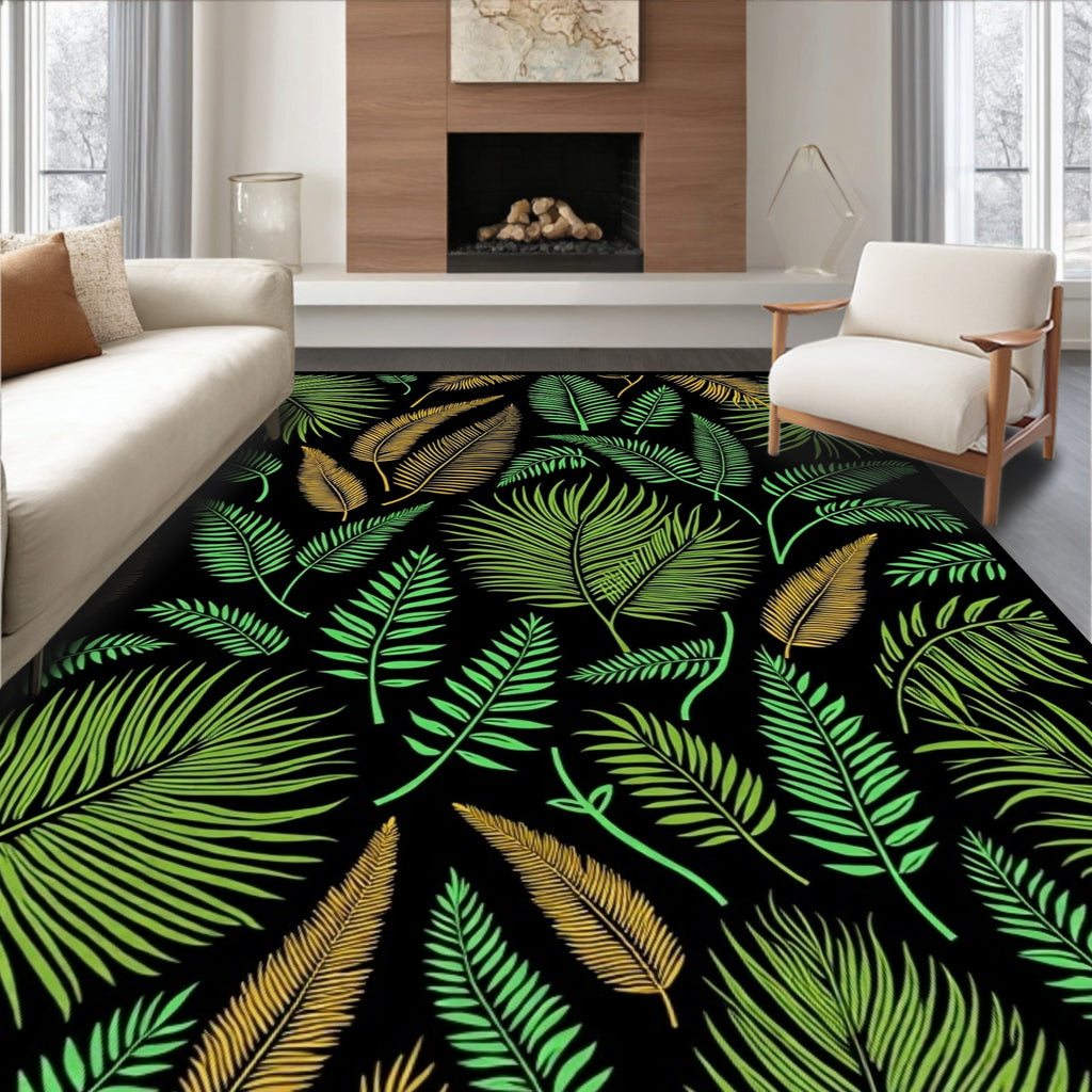 Tropical Foliage Black Gold Green Rug