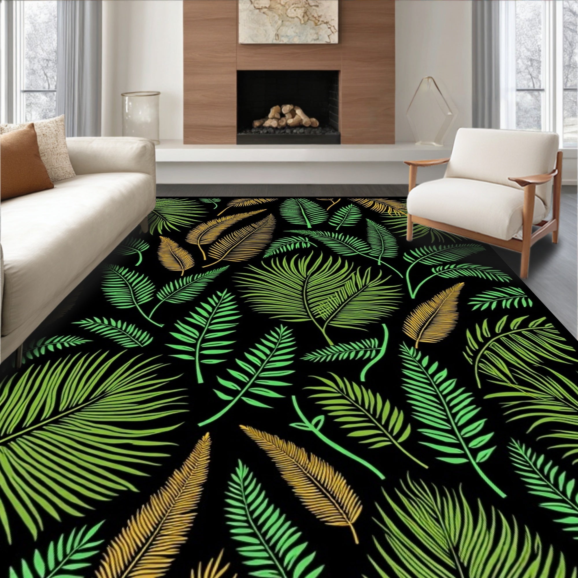 Tropical Foliage Black Gold Green Rug