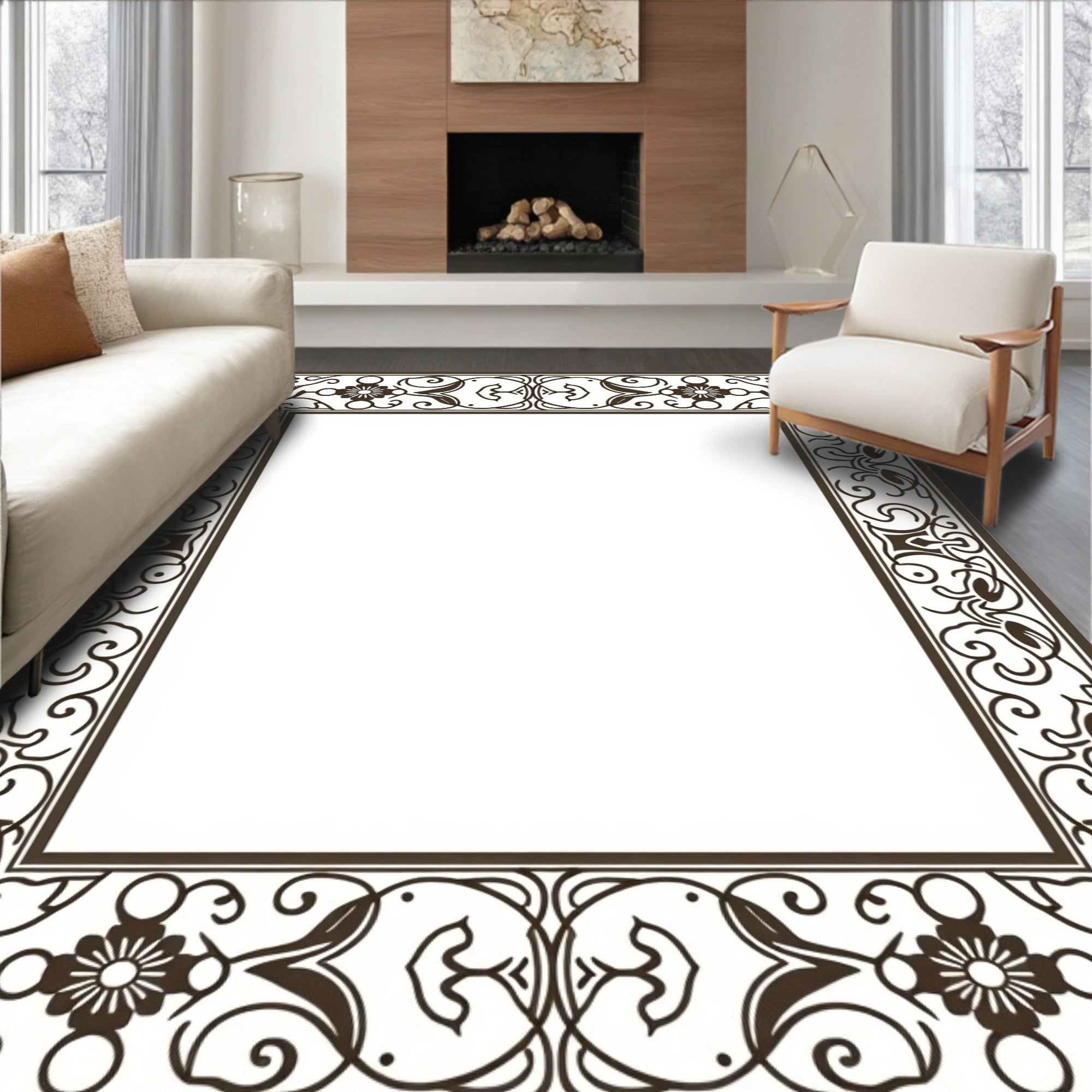 Ornate Floral Scroll Border Design Rug