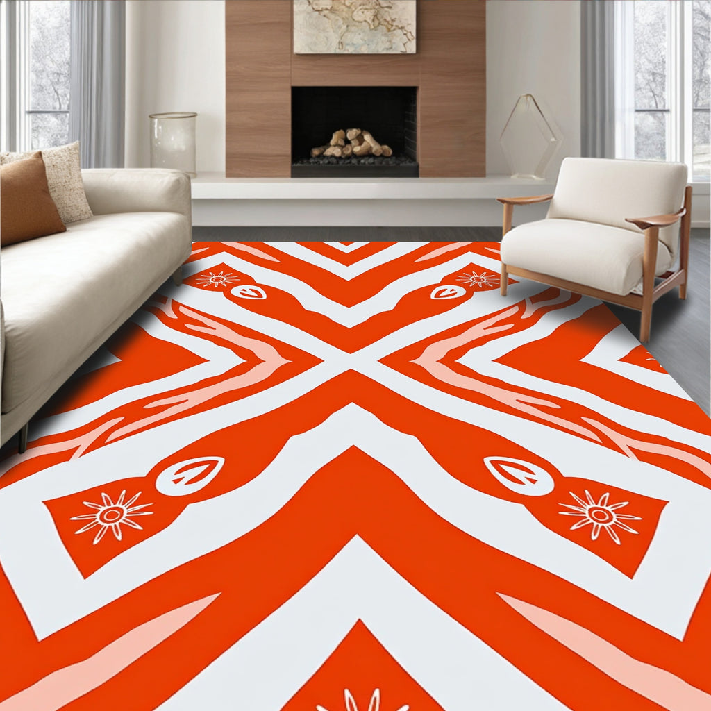 Vibrant Red White Abstract Pattern Design Rug