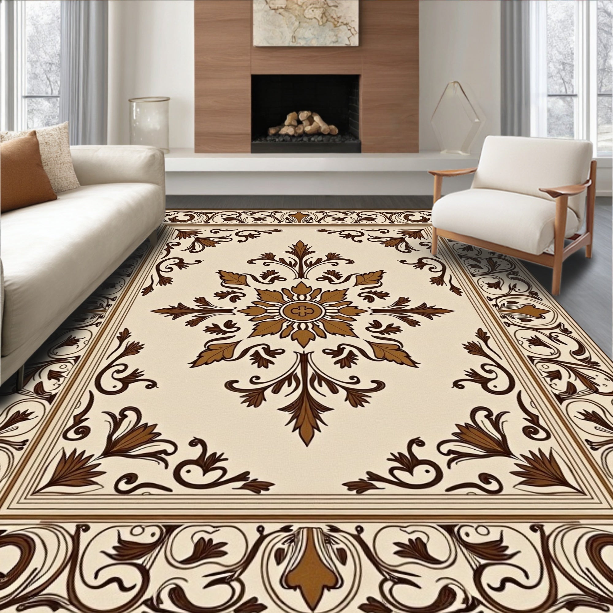 Ornamental Floral Medallion Border Rug