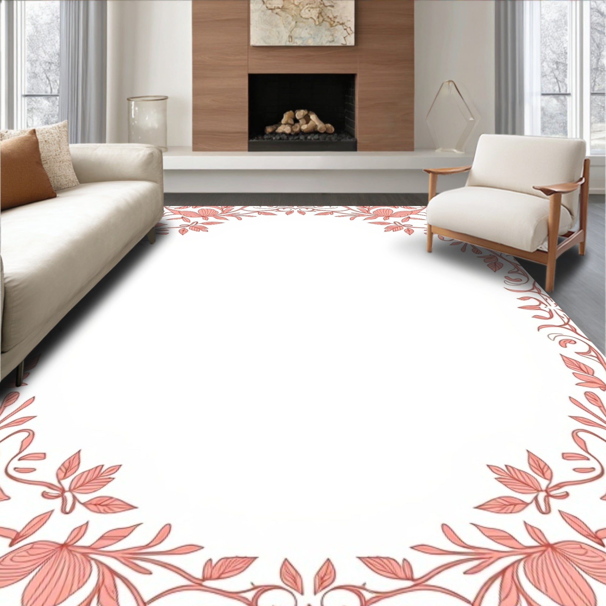 Coral Floral Vines Frame Design Rug
