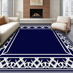 Navy White Ornate Geometric Frame Rug