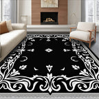 Black White Floral Scroll Border Rug