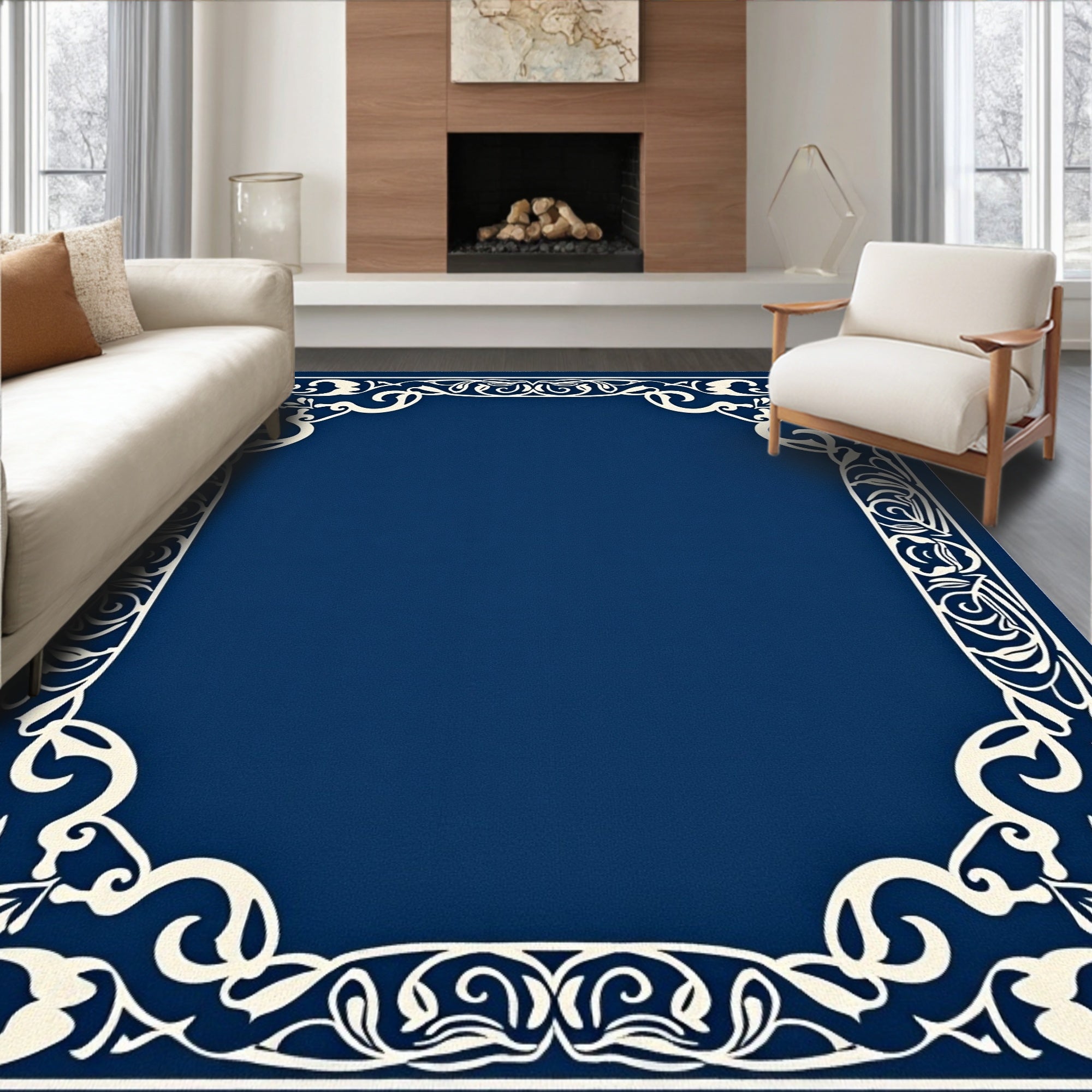 Classic Blue White Floral Border Rug