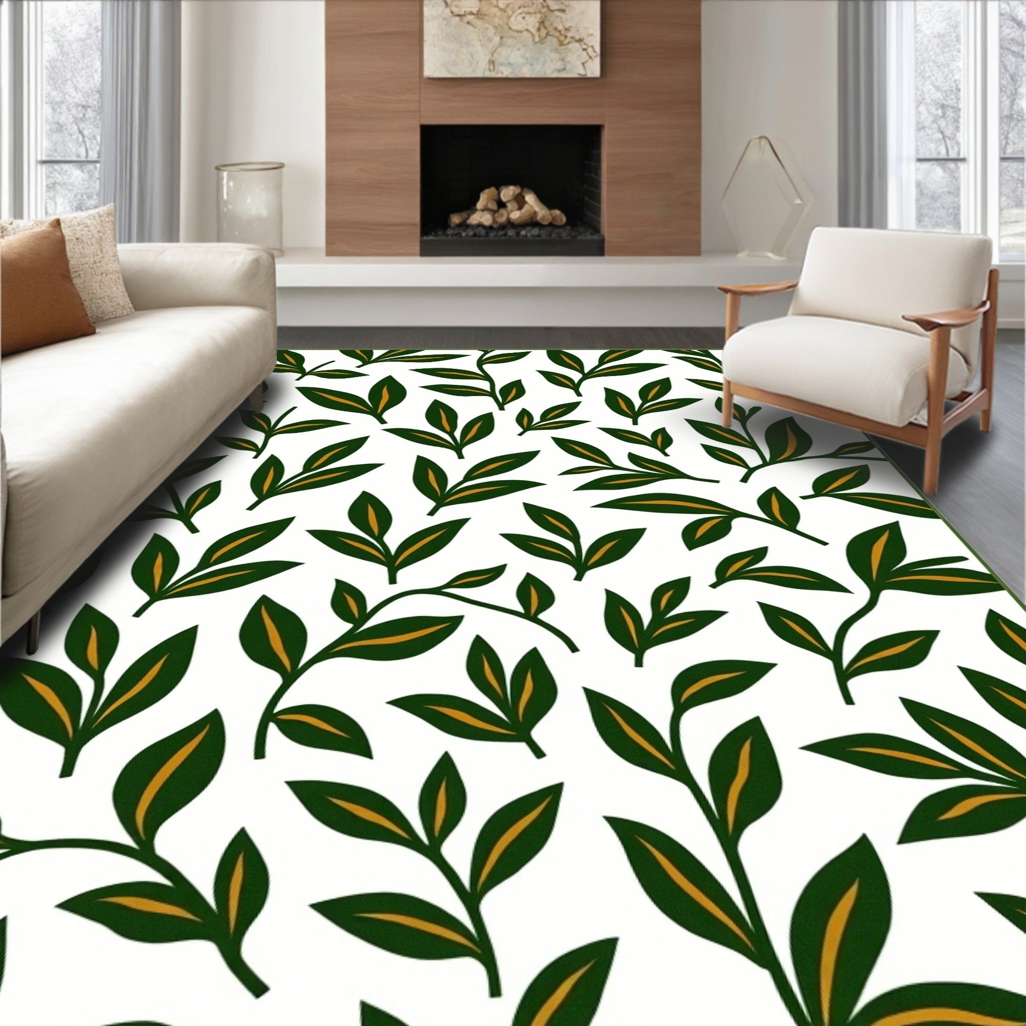 Green Leafy Branch Patterned Rug