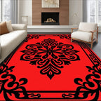 Red Black Floral Crest Design Rug