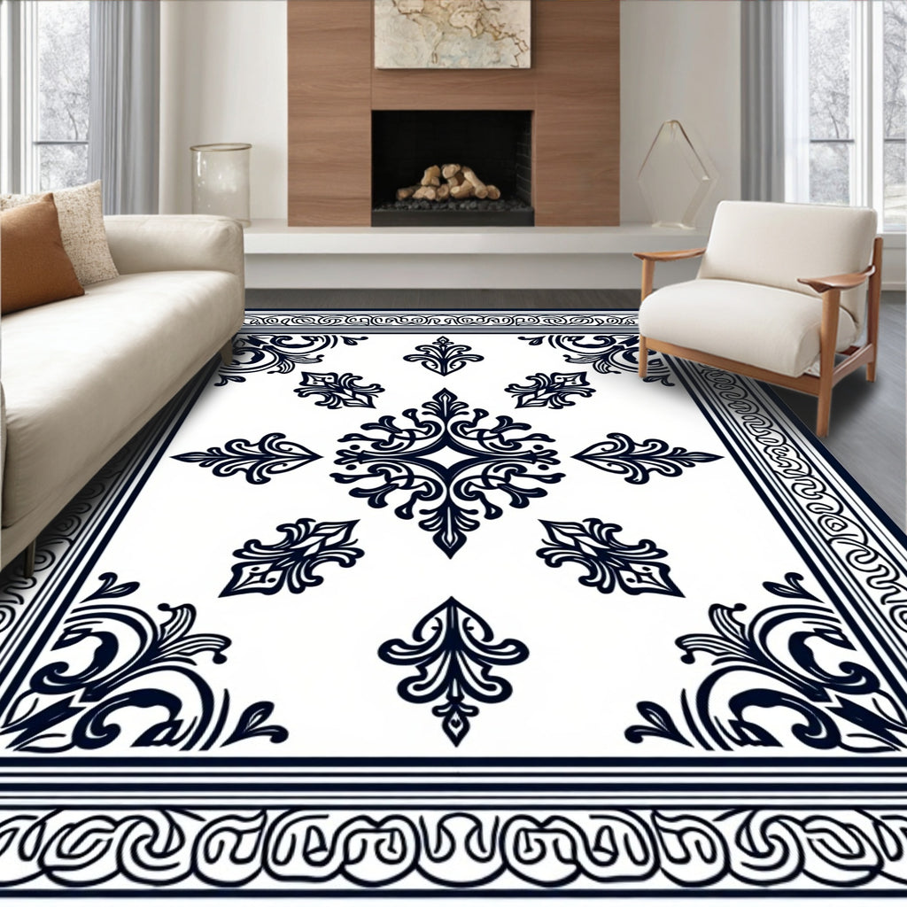 Ornate Black And White Floral Pattern Rug