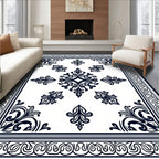 Ornate Black And White Floral Pattern Rug