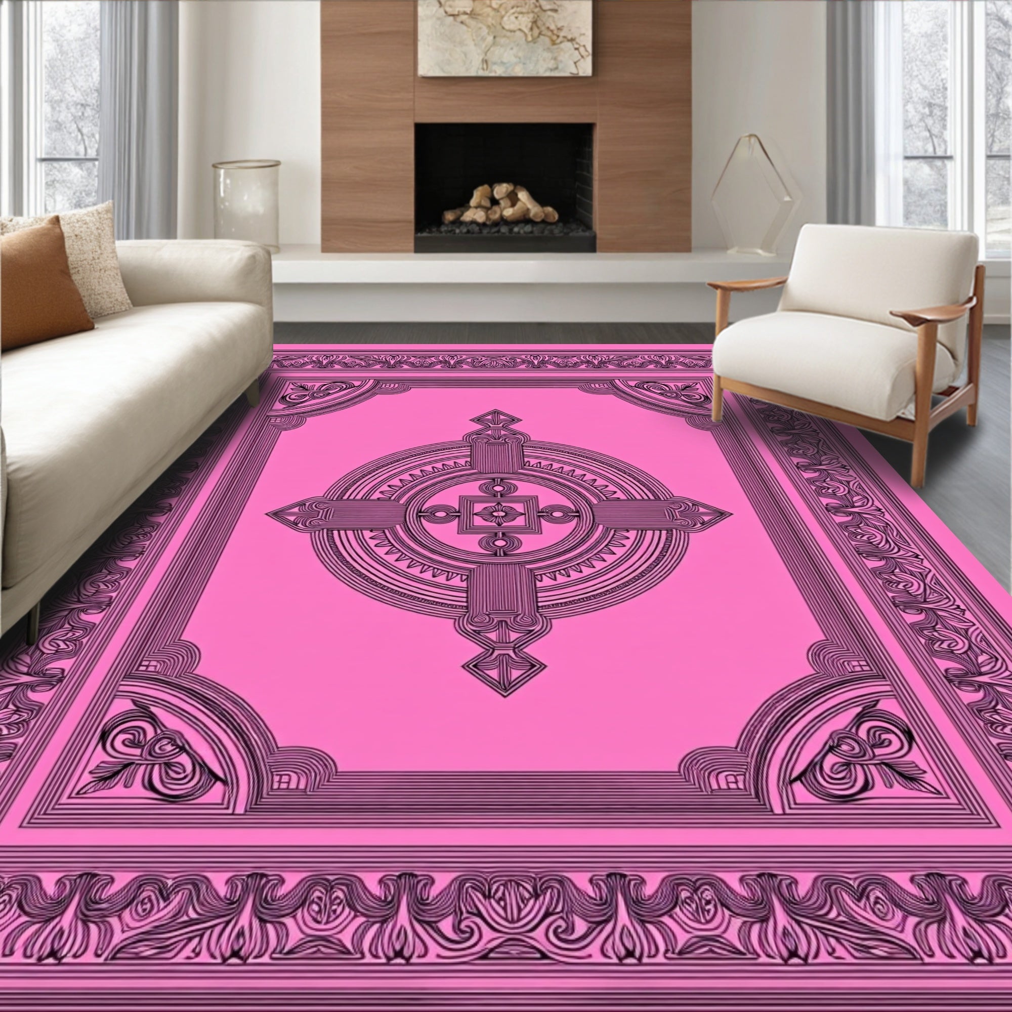Ornate Pink Geometric Mandala Design Rug