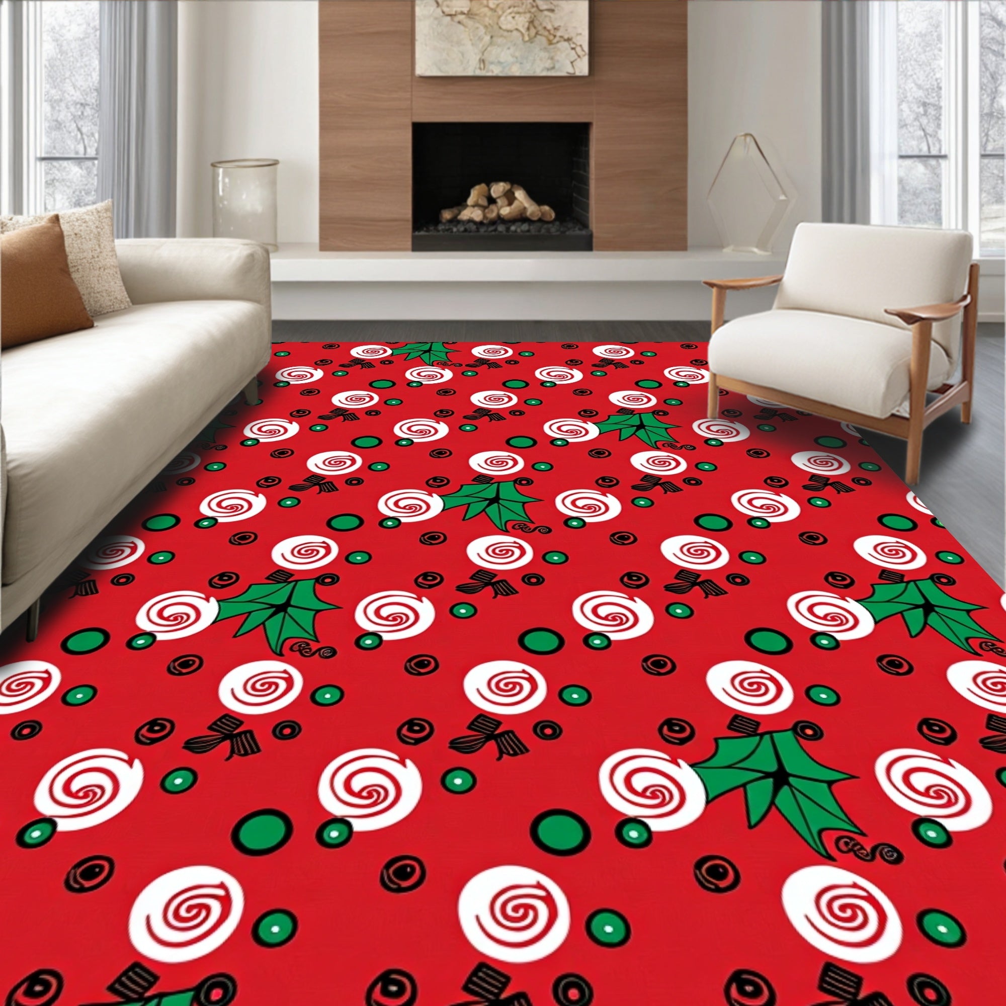 Red White Swirl Candy Holly Dots Rug