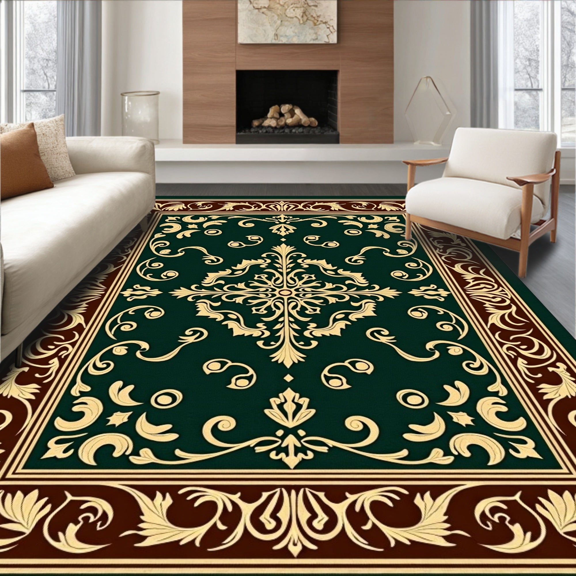 Elegant Gold Dark Green Floral Border Rug