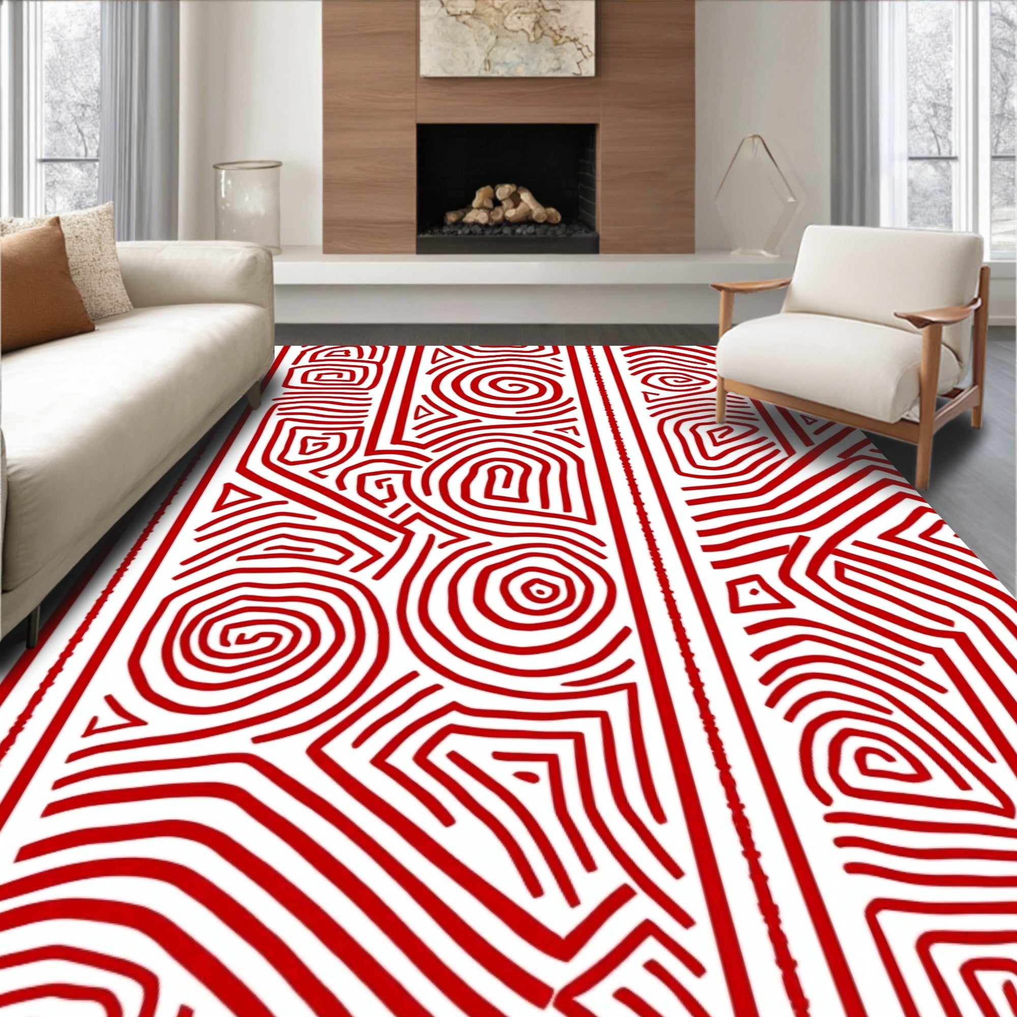 Vibrant Red Labyrinth Line Art Rug