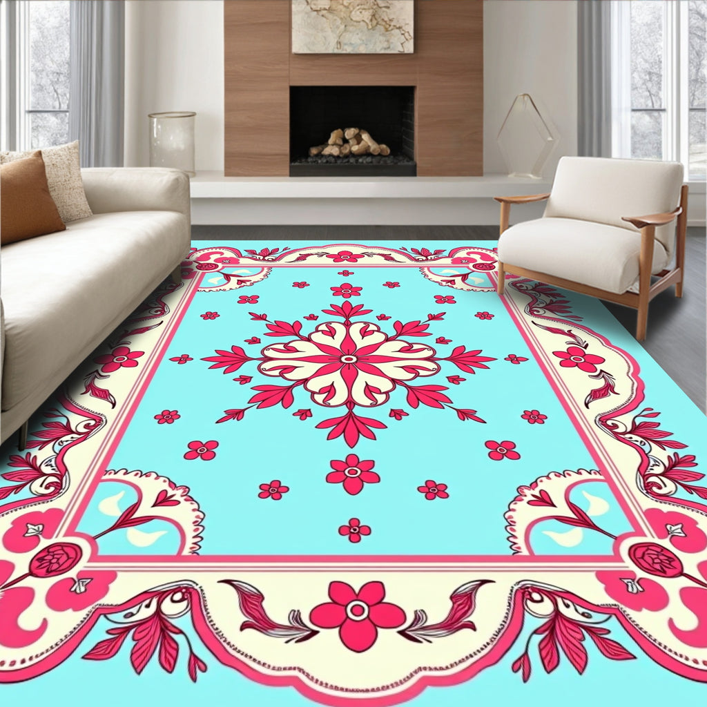 Vibrant Floral Scroll Border Rug