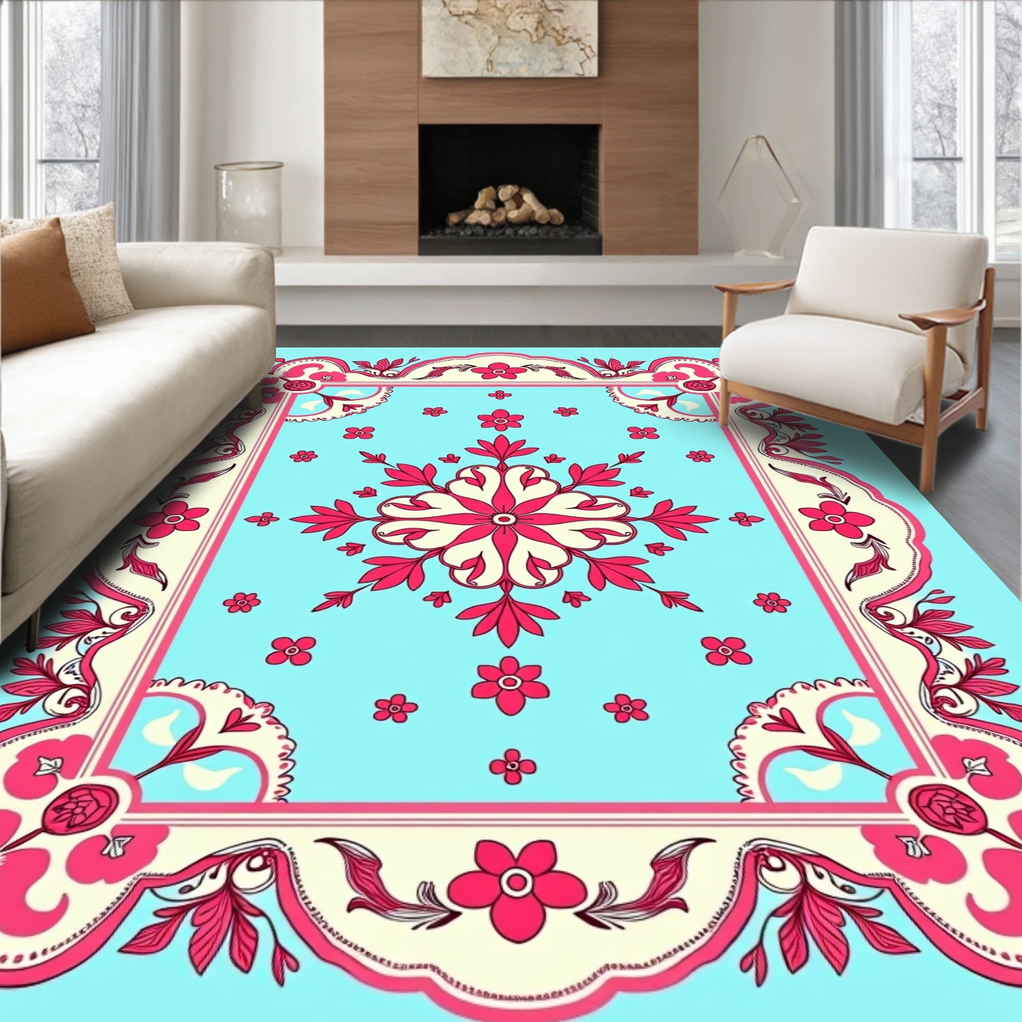 Vibrant Floral Scroll Border Rug