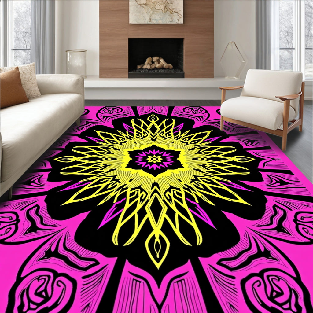 Vivid Hot Pink Yellow Floral Medallion Rug