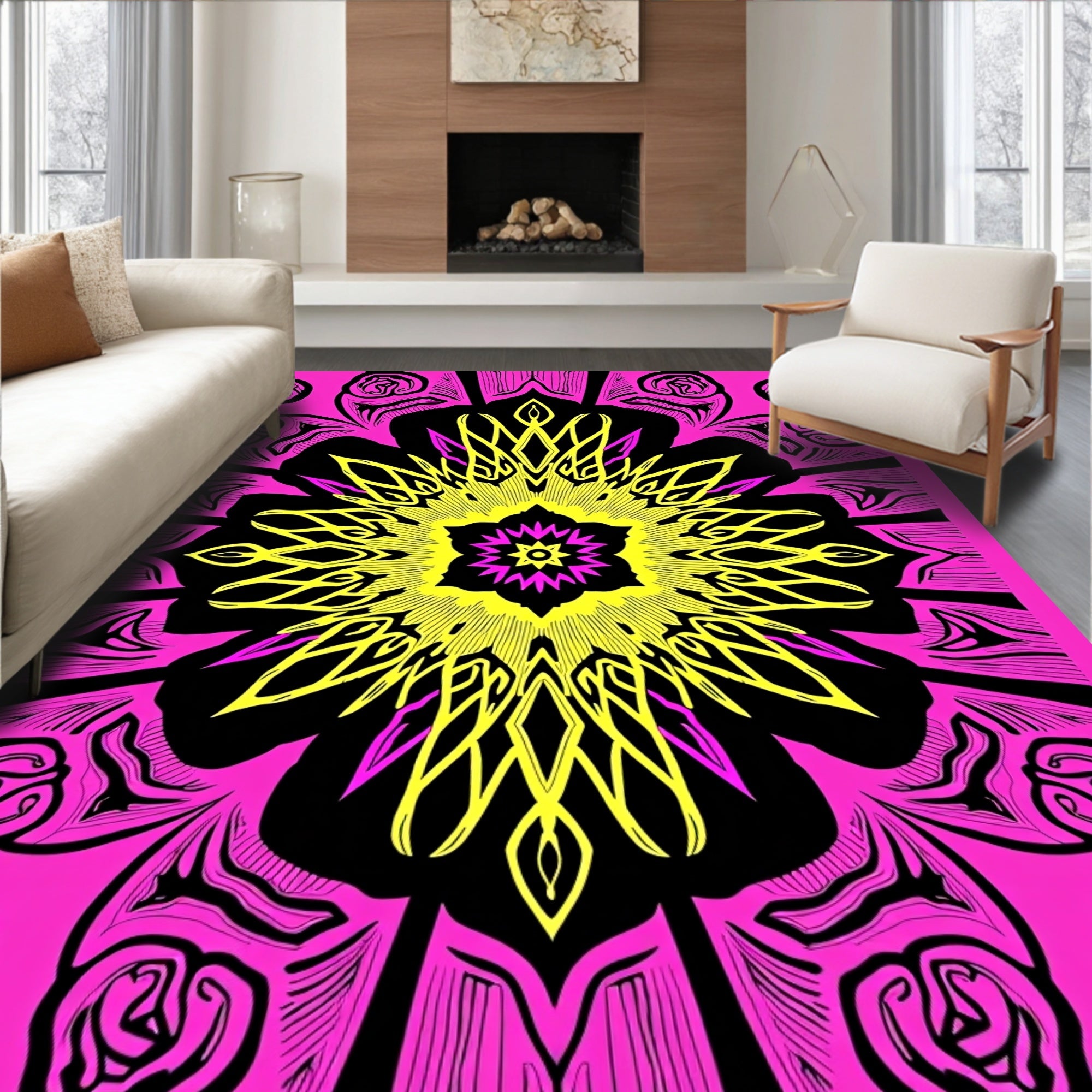 Vivid Hot Pink Yellow Floral Medallion Rug