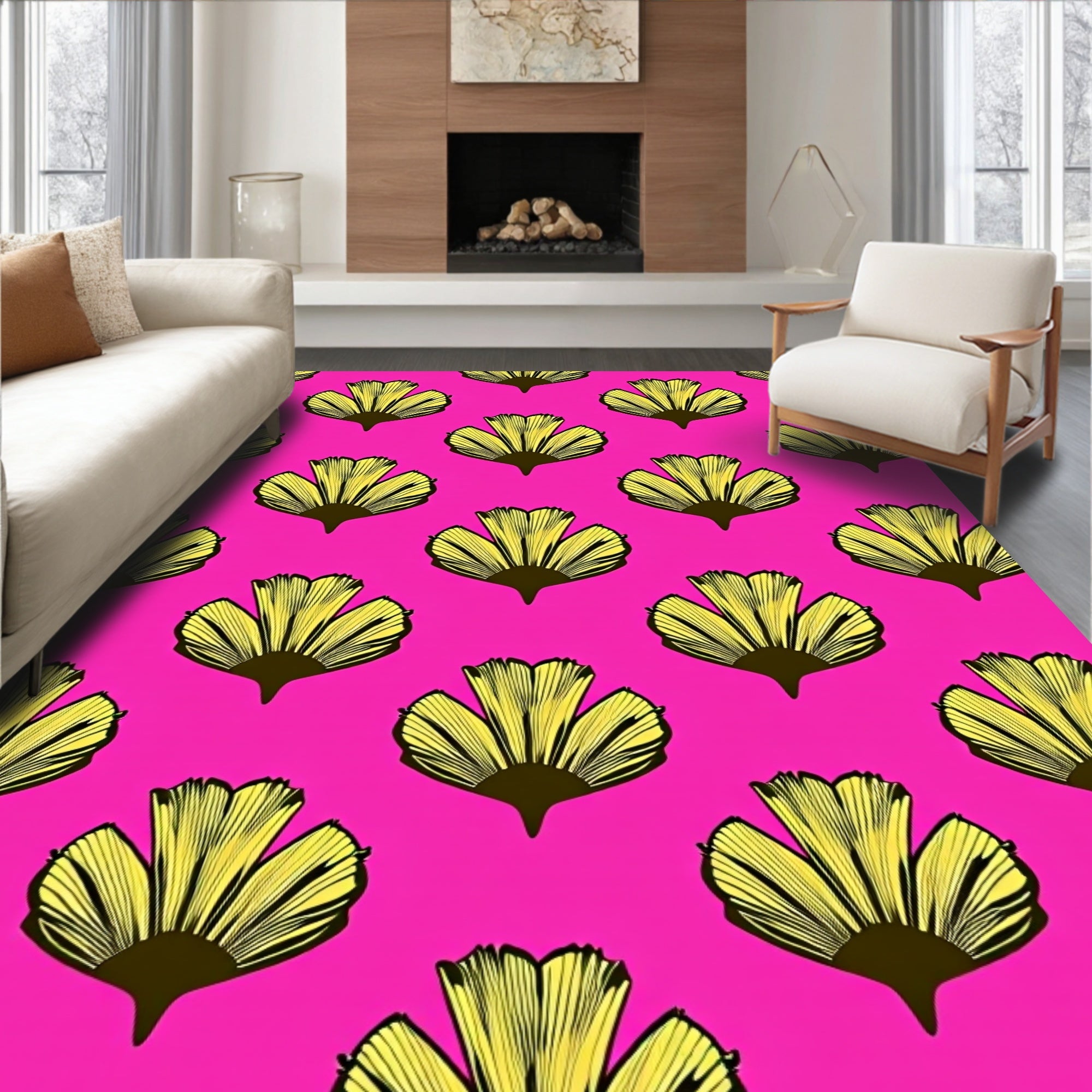 Bright Yellow Fan Flower Pattern Rug