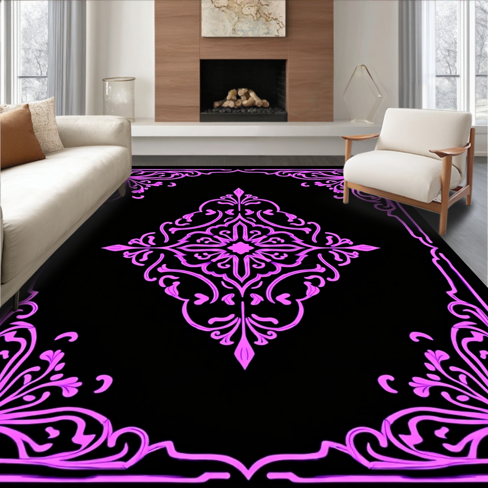 Ornate Floral Centerpiece Square Pattern Rug