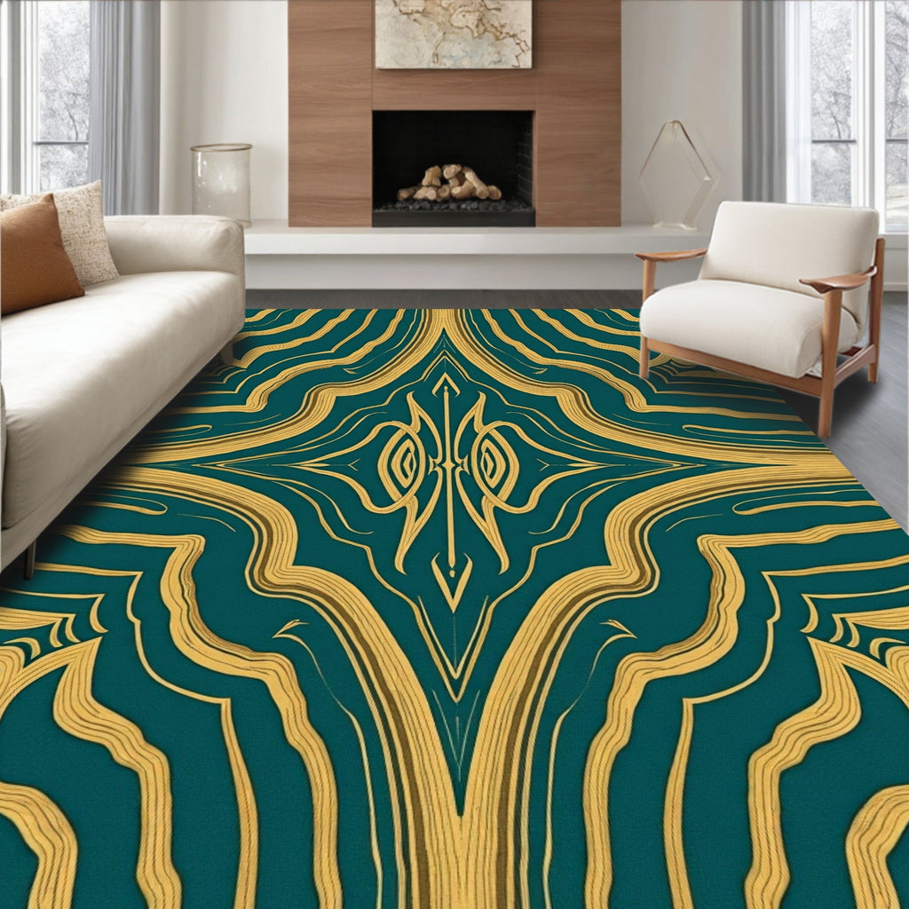 Teal and Gold Art Deco Pattern Rug