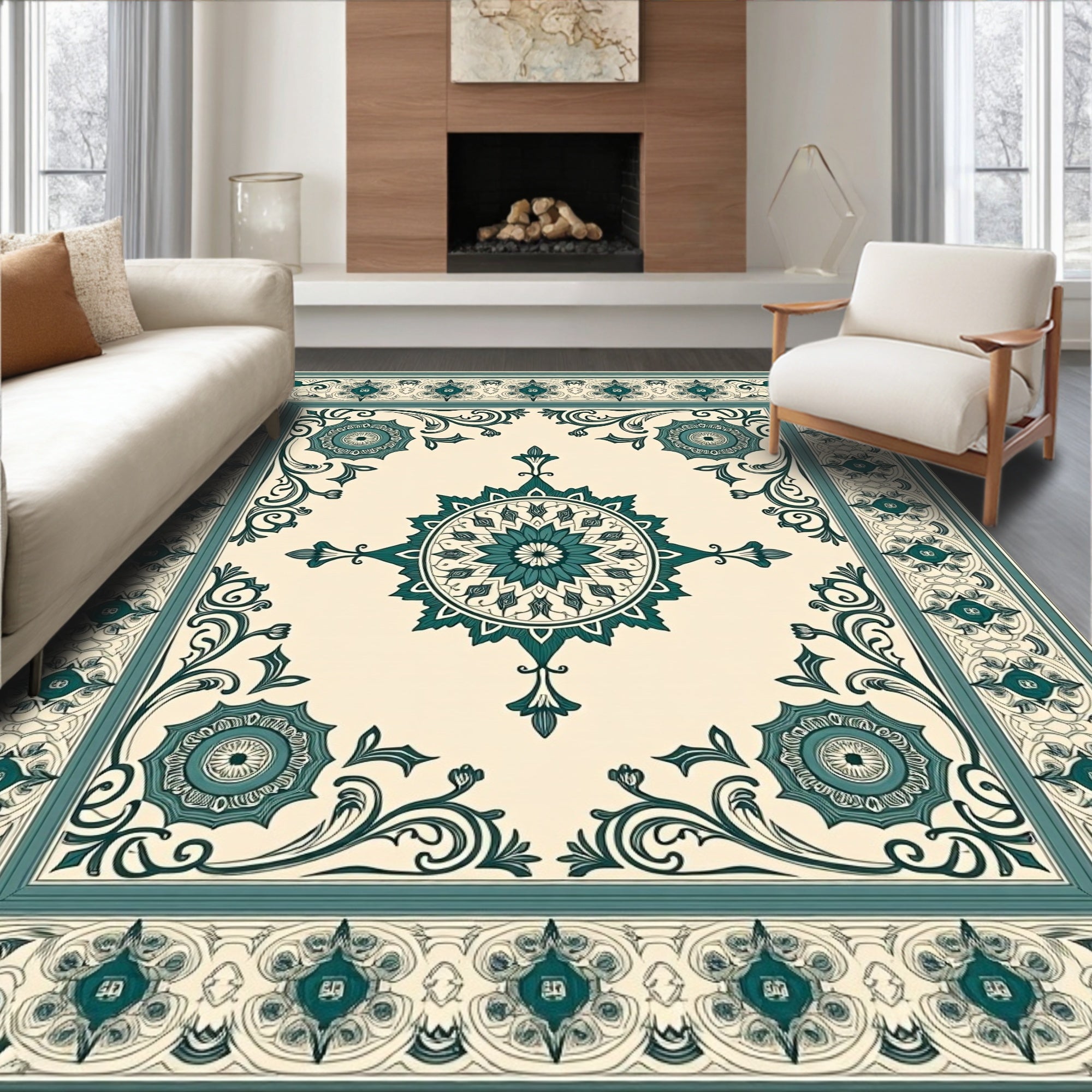Elegant Teal Floral Medallion Patterned Rug