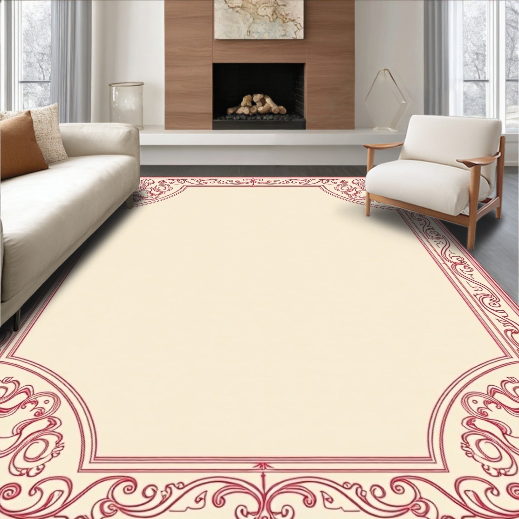Ornate Red Scrollwork Border Design Rug