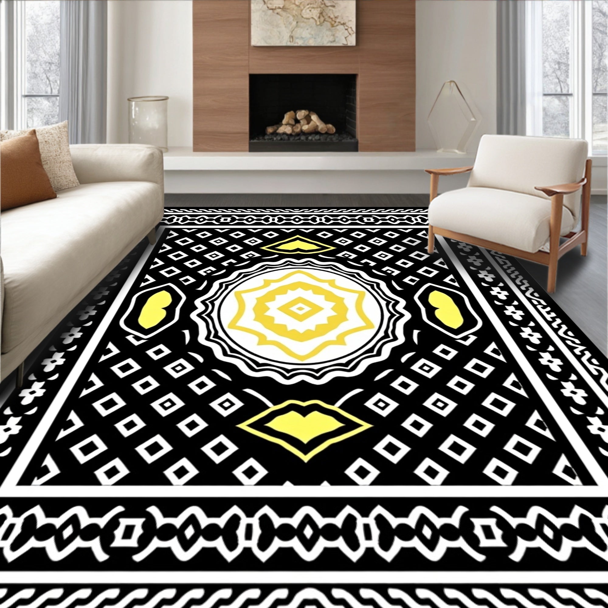 Black Yellow Geometric Diamond Medallion Rug
