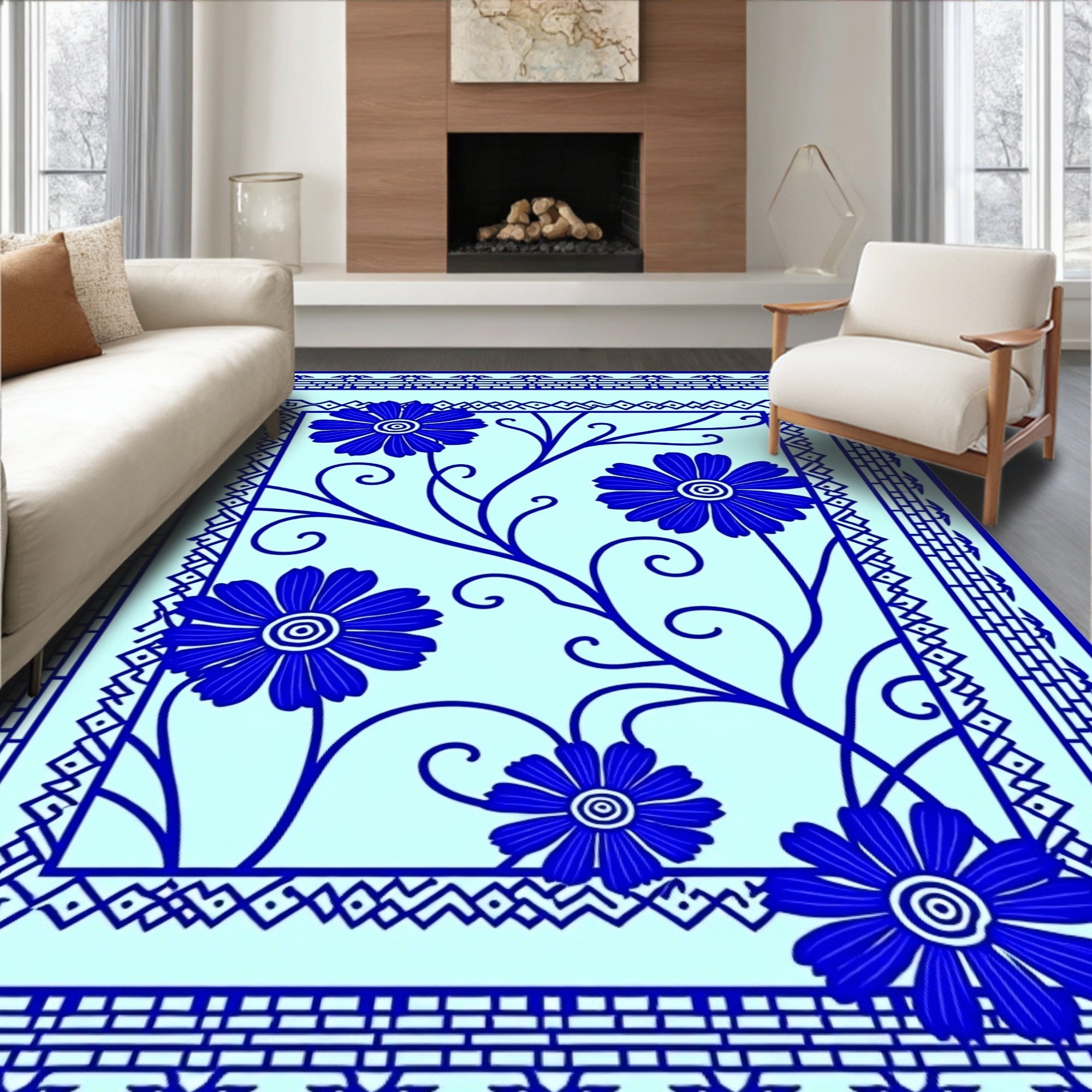 Bold Blue Floral Vine Border Design Rug