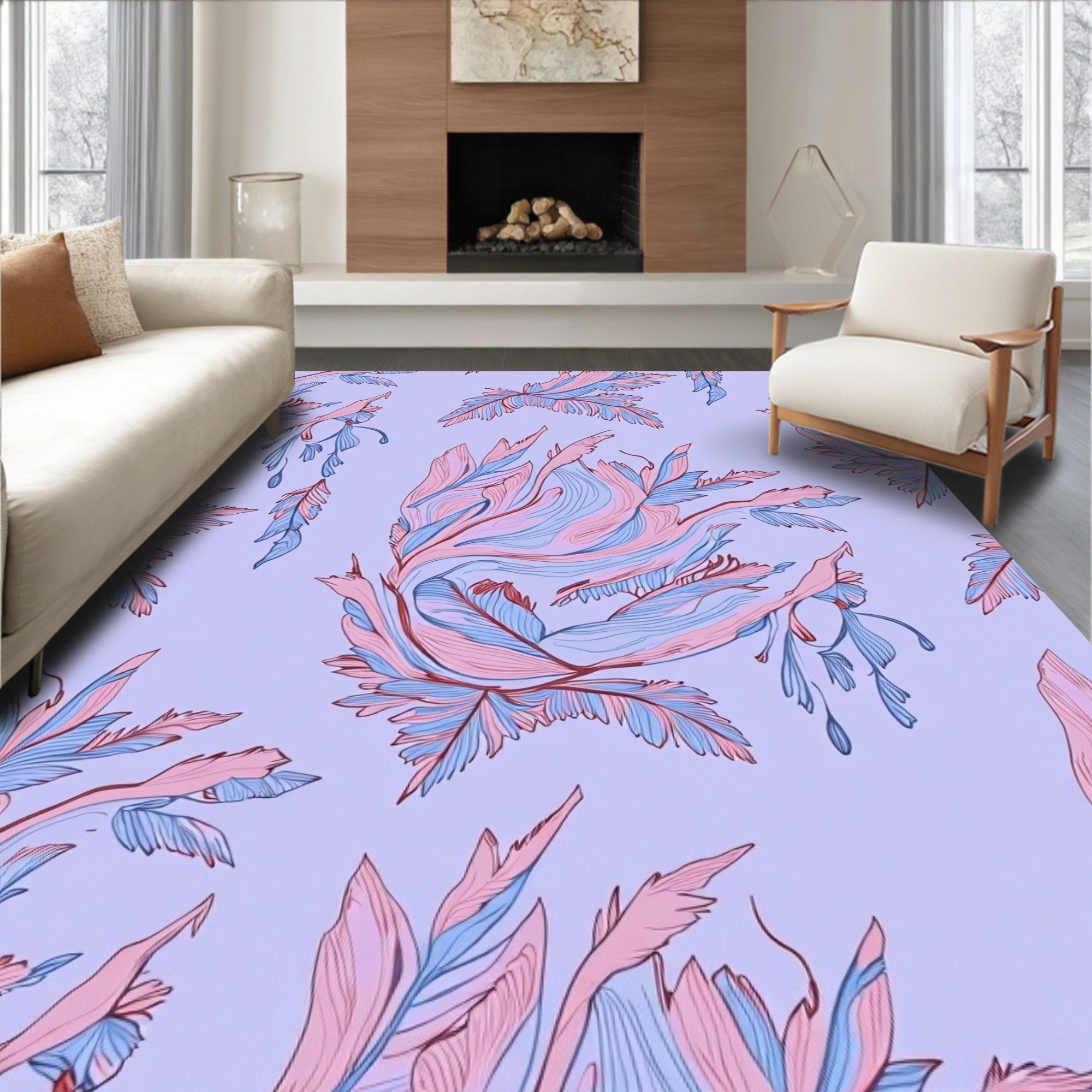 Whimsical Feather Pattern Blush Blue Rug