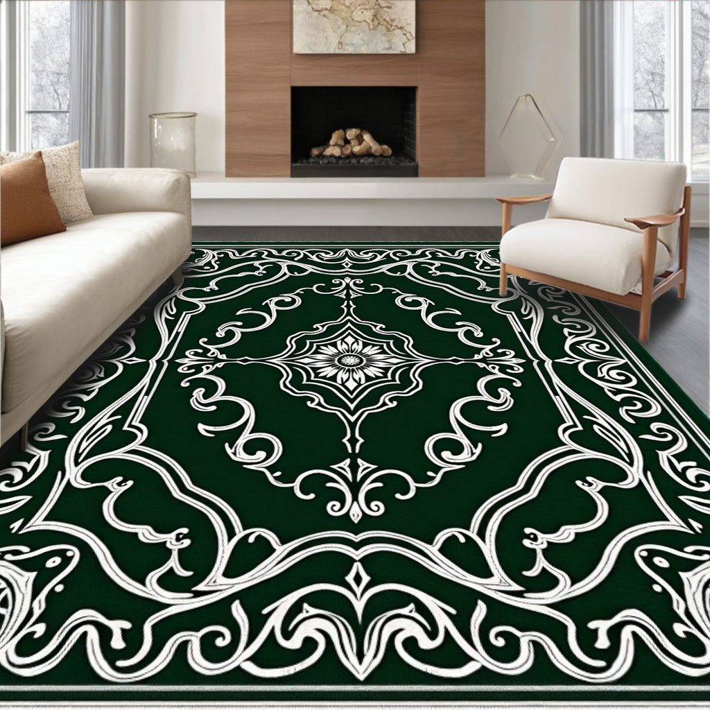 Intricate Floral Swirls on Dark Green Canvas Rug