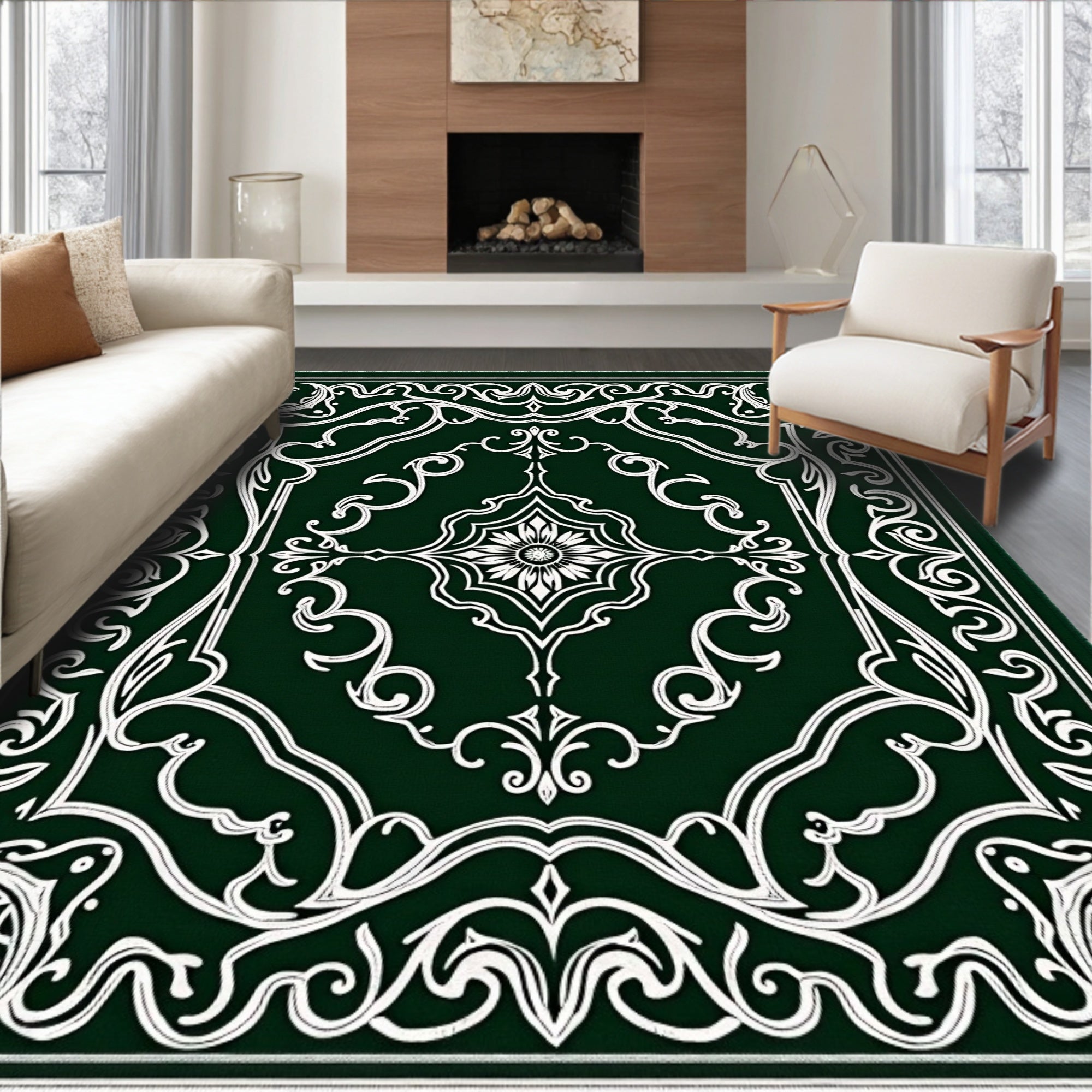 Intricate Floral Swirls on Dark Green Canvas Rug