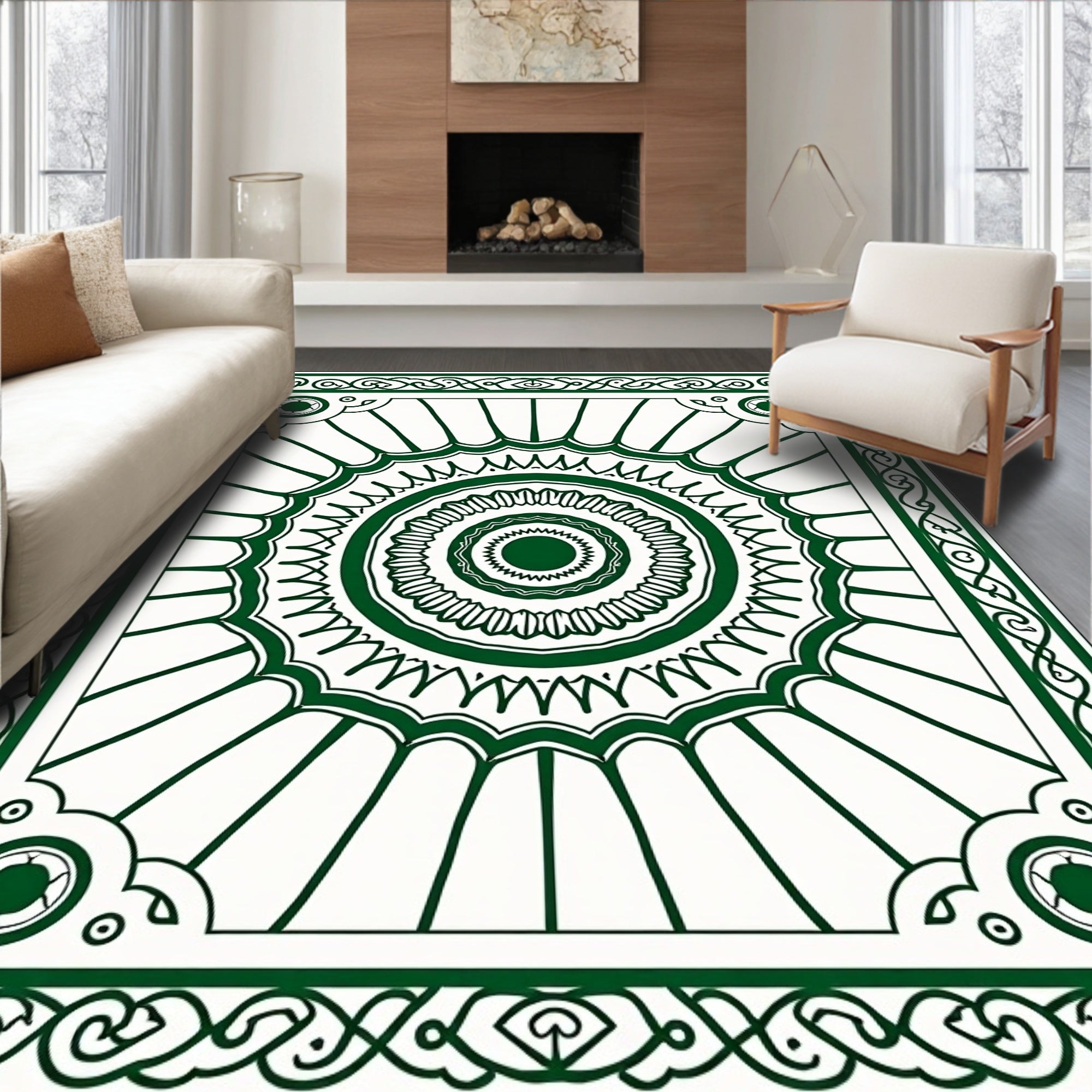 Green Intricate Floral Mandala Pattern Rug