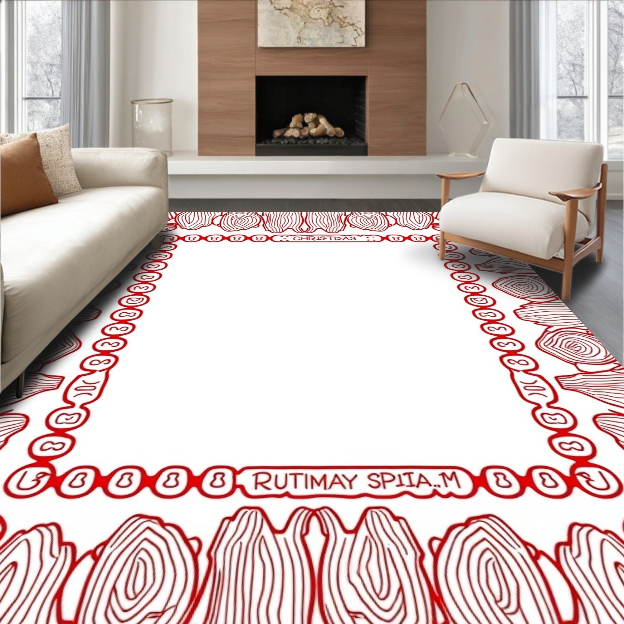Crimson Wood Grain Circle Border Rug