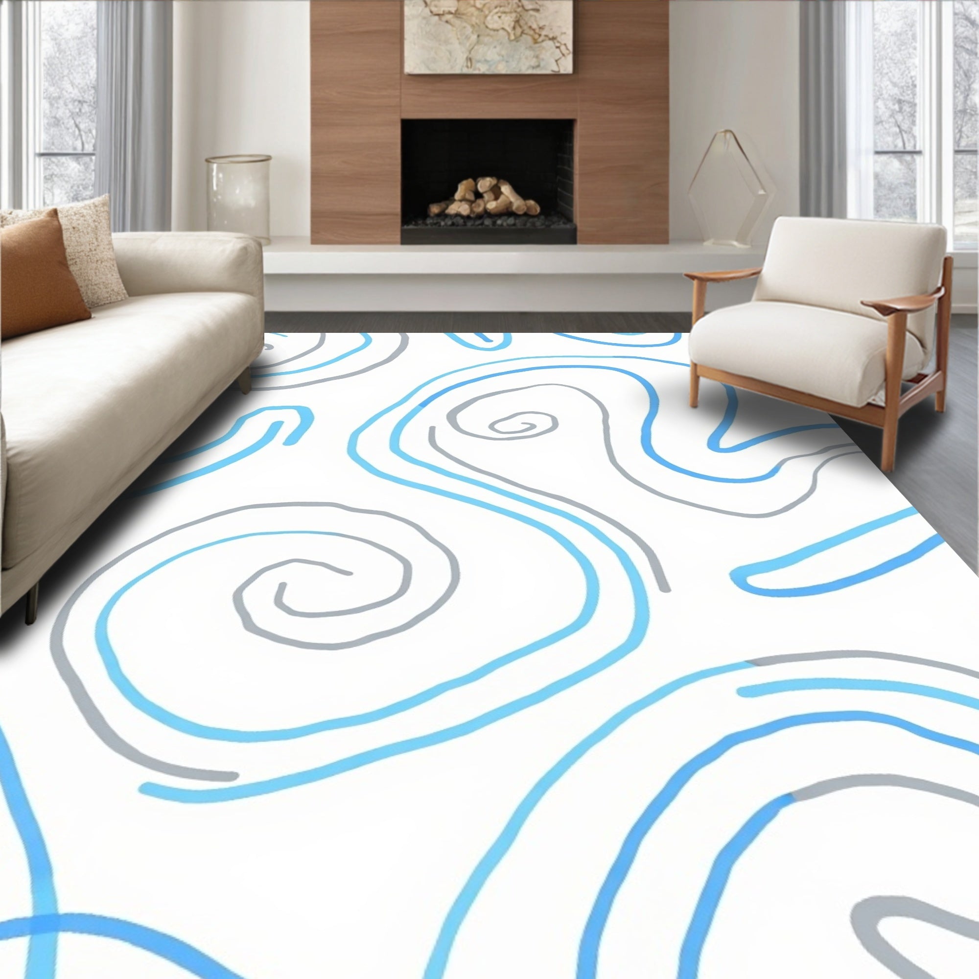 Abstract Swirls Gray and Blue Pattern Rug