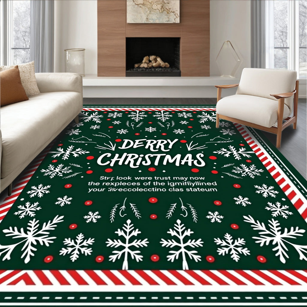 Festive White Snowflakes Red Border Rug