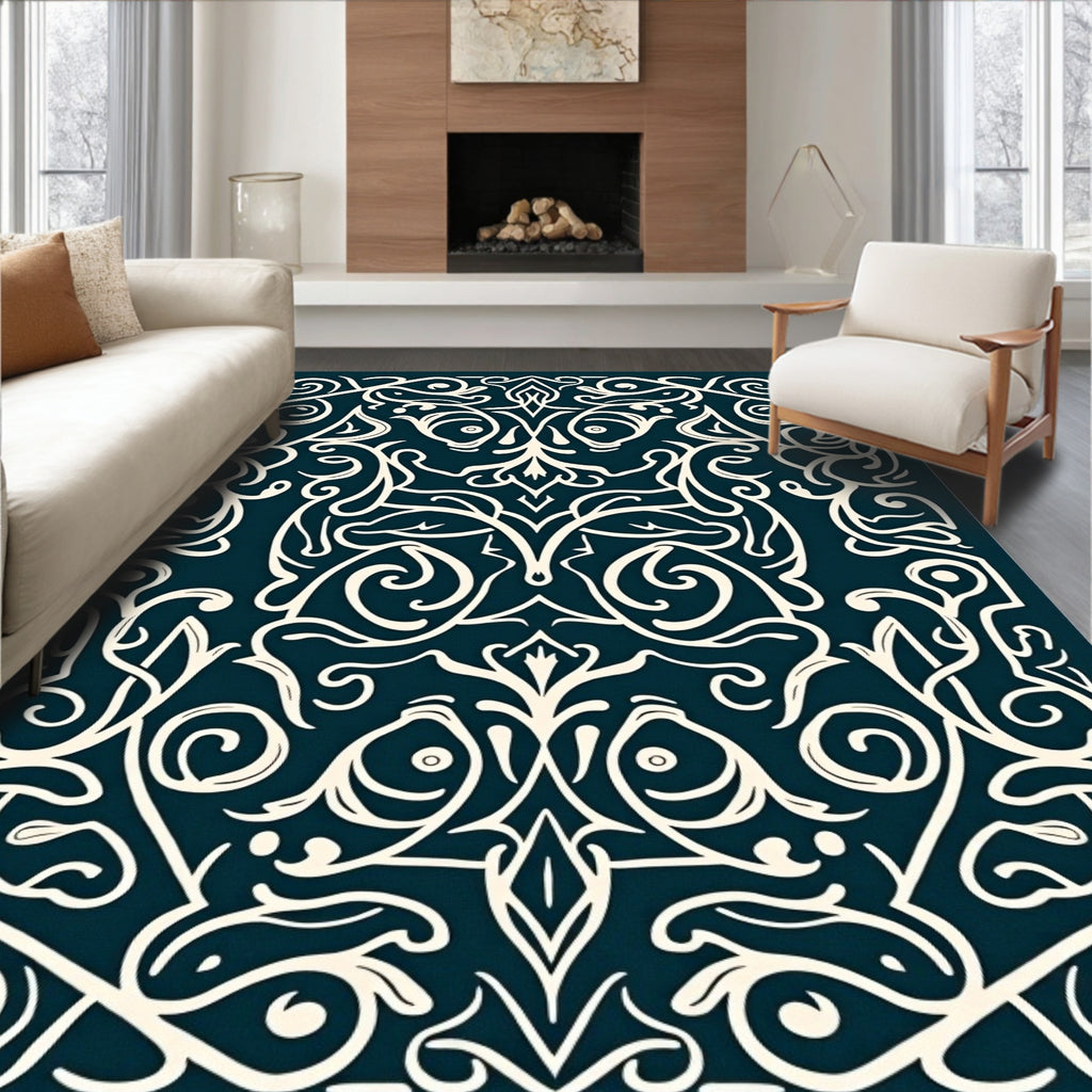Dark Teal Floral Scroll Pattern Rug