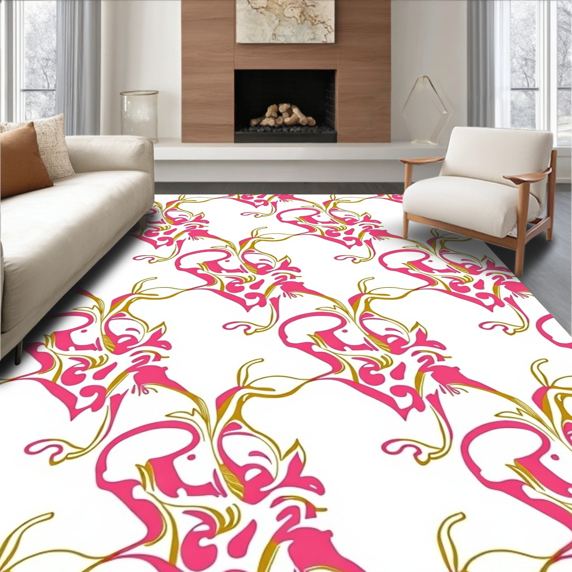 Whimsical Pink Gold Floral Scroll Rug