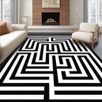 Black White Geometric Maze Pattern Rug