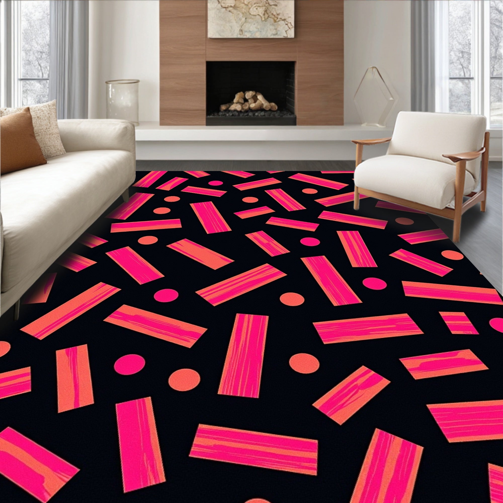 Vibrant Pink Orange Rectangle Circles Rug