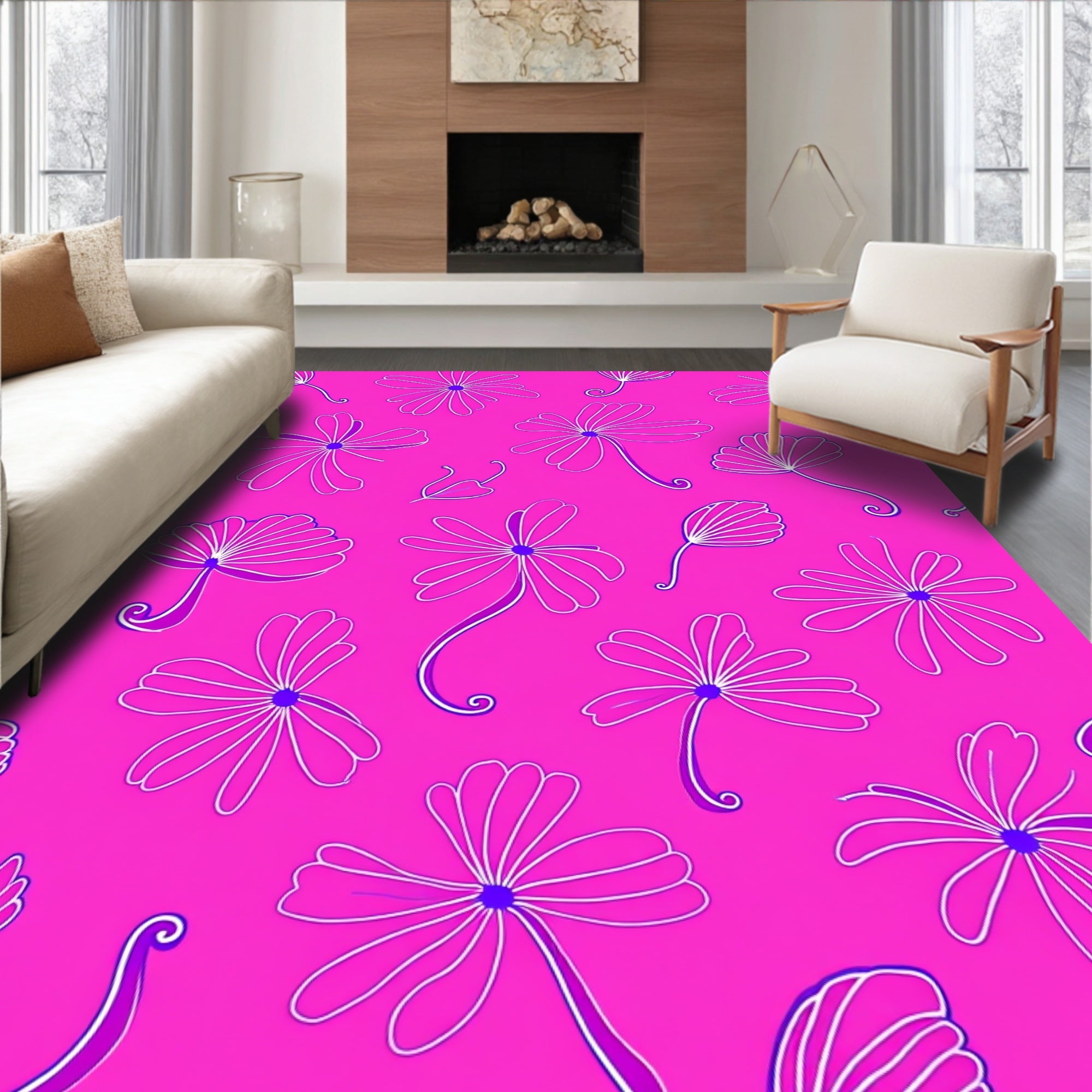 Vibrant Pink Floral Outline Pattern Rug