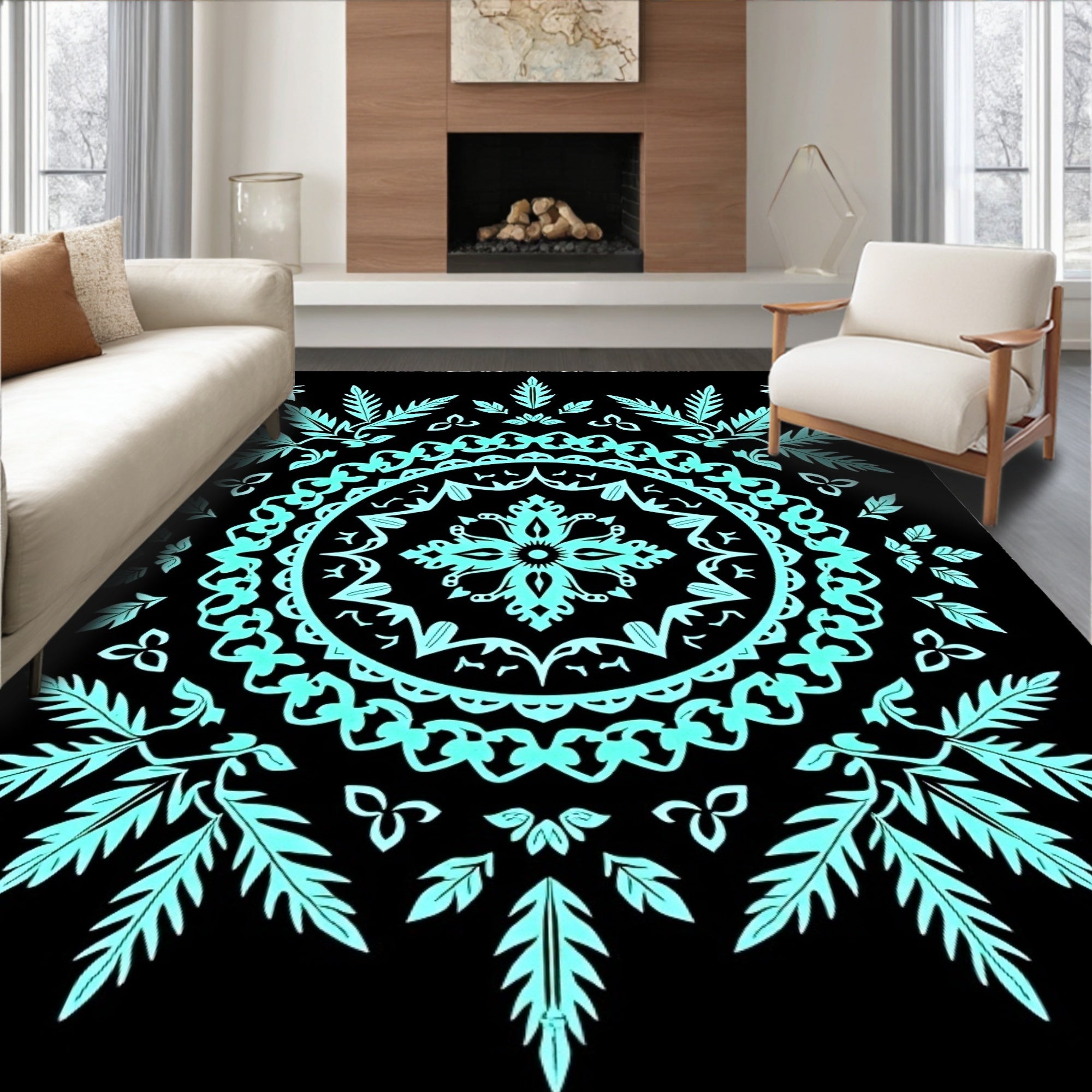 Cyan Mandala Leaf Patterned Rug
