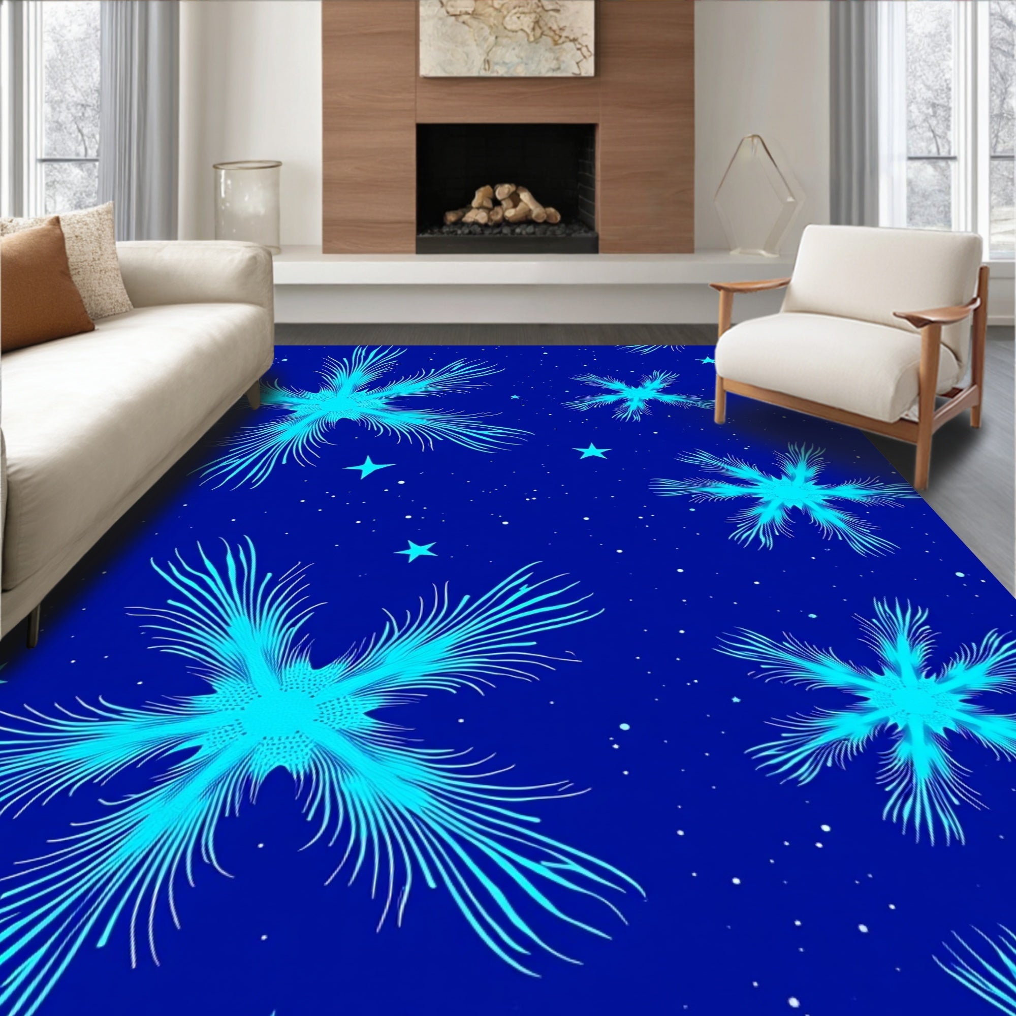 Cyan Starburst Pattern on Blue Background Rug