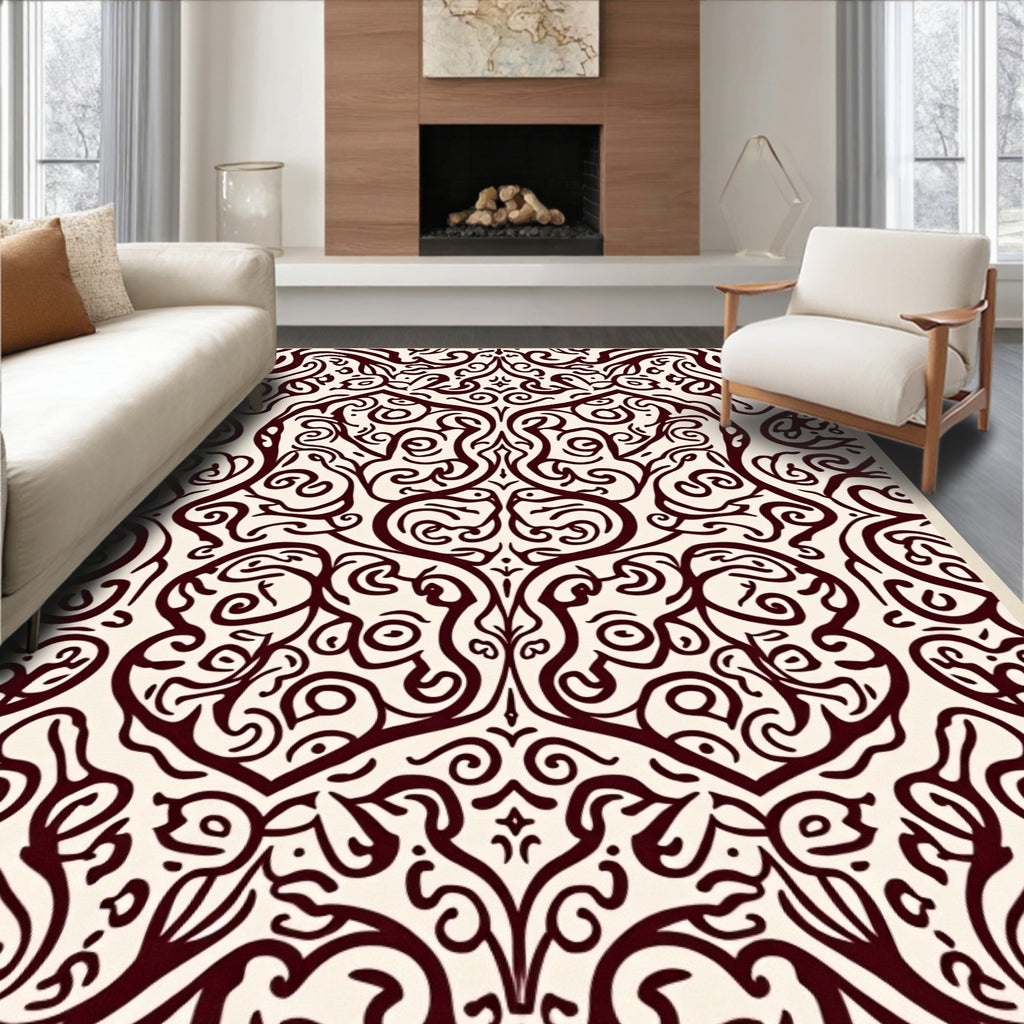 Ornate Swirling Burgundy Pattern Rug