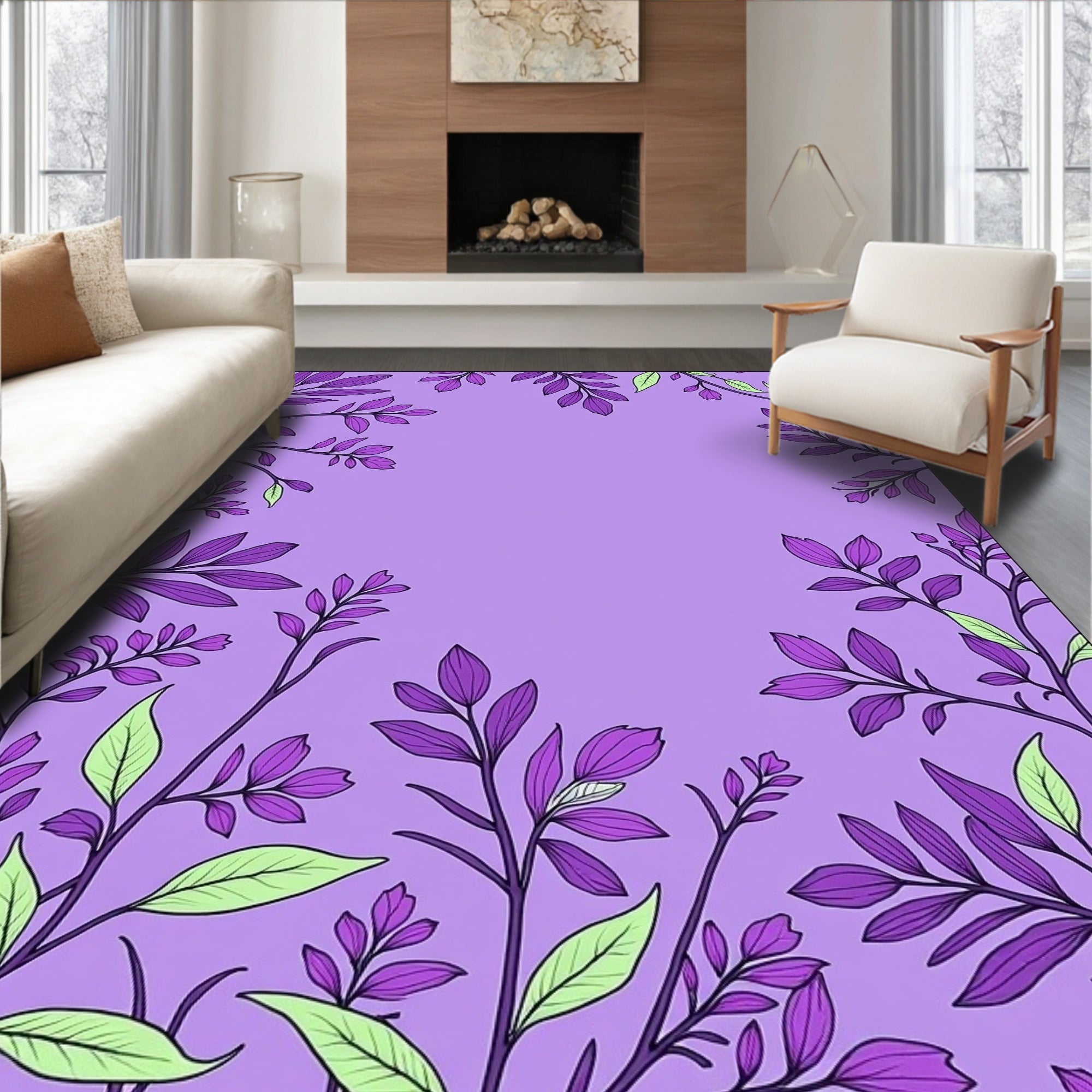 Purple Floral Botanical Leaf Pattern Rug