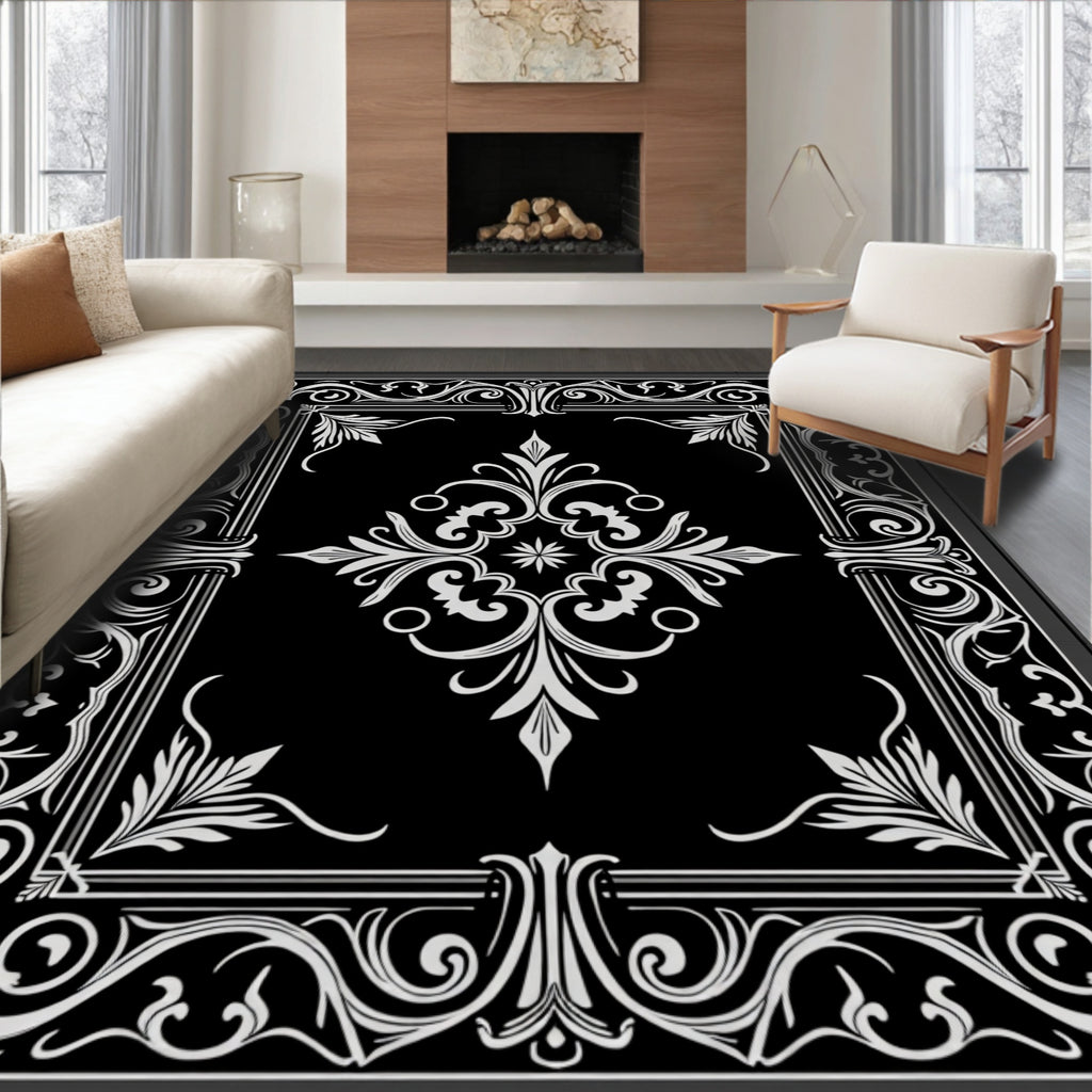 Classical Black White Scroll Pattern Rug